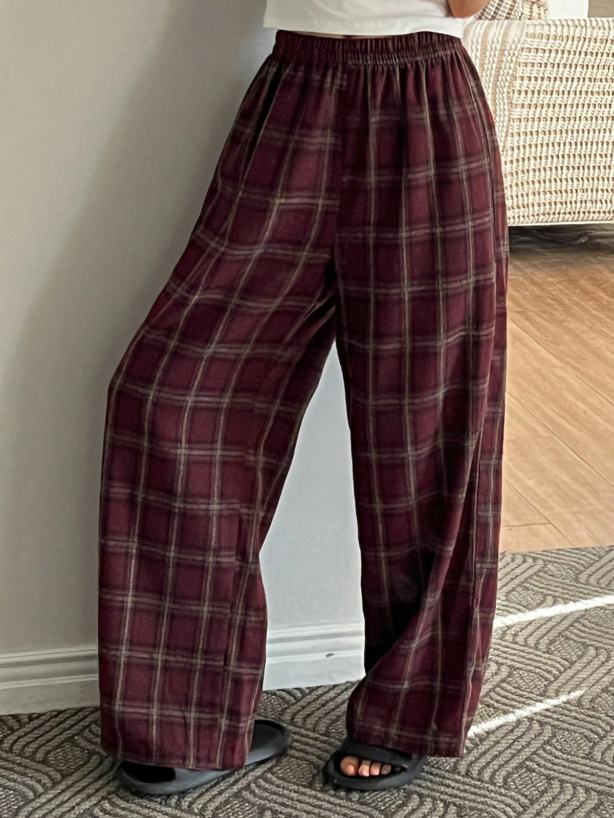 Women's Plaid Pajama Pants, Cotton Blend Straight Leg Lounge Pants with Elastic Waist, Burgundy, view 4