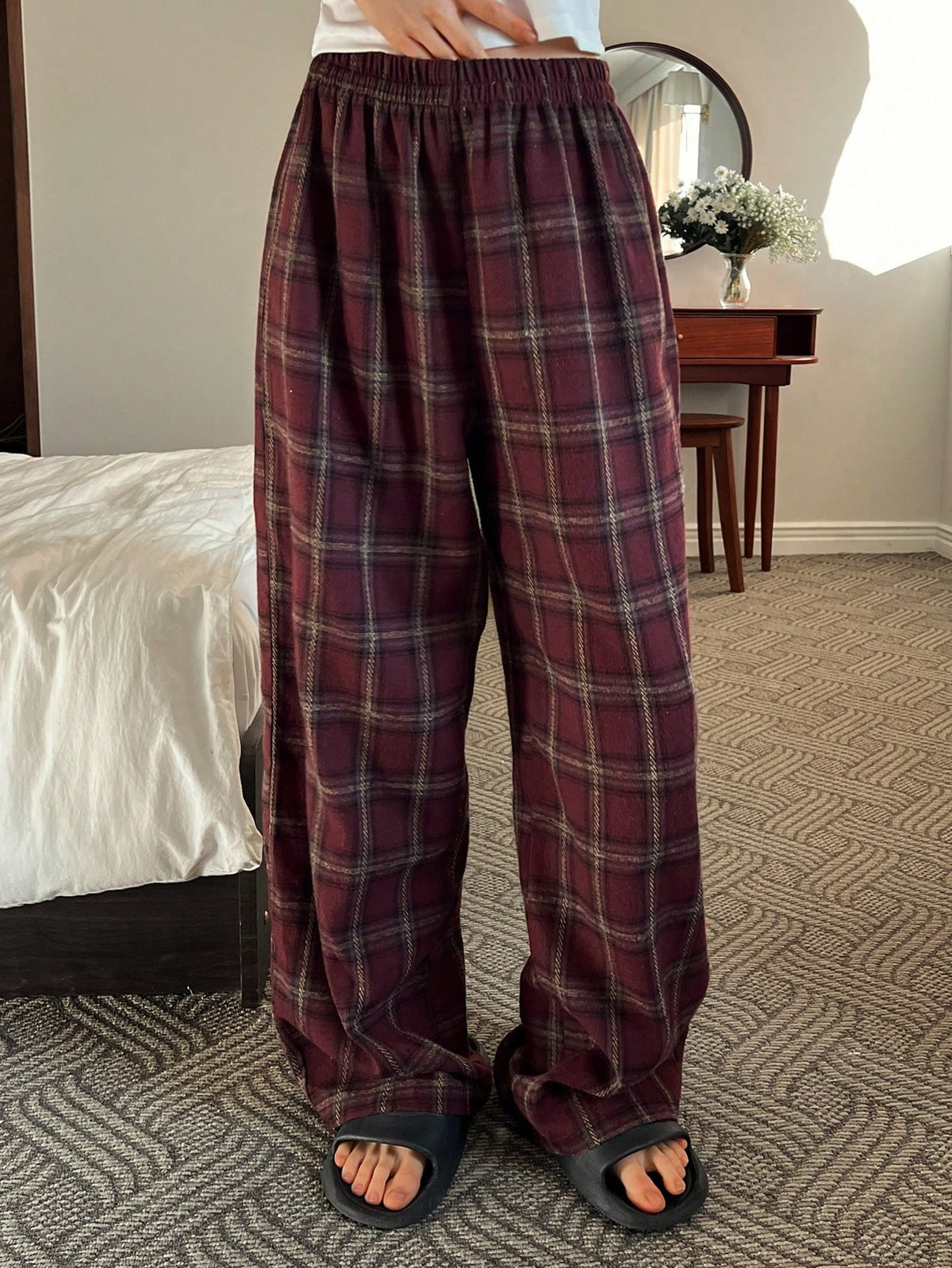 Women's Plaid Pajama Pants, Cotton Blend Straight Leg Lounge Pants with Elastic Waist, Burgundy, view 5