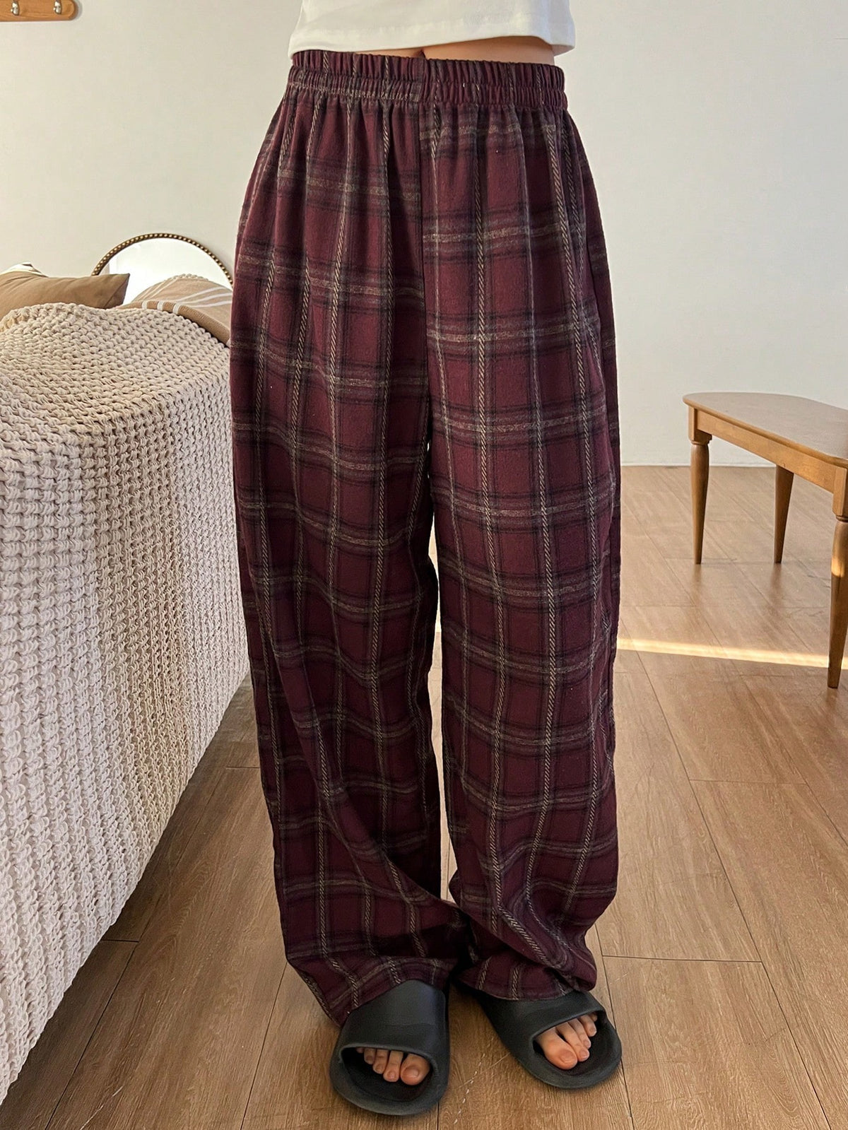 Women's Plaid Pajama Pants, Cotton Blend Straight Leg Lounge Pants with Elastic Waist, Burgundy, view 6