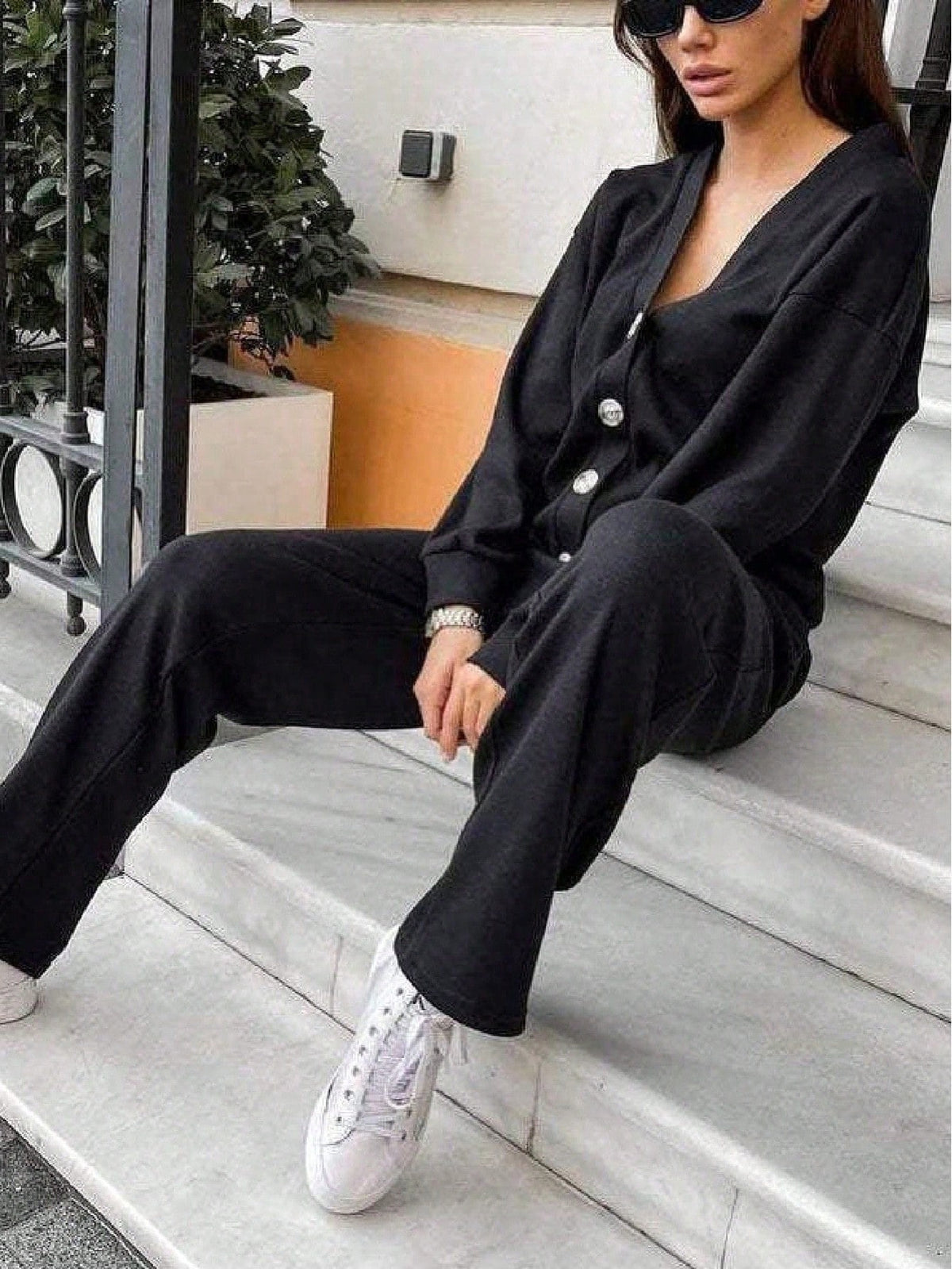 Women's Knit Lounge Set, Button Cardigan and Drawstring Pants, Two-Piece Matching Set, Black, view 5