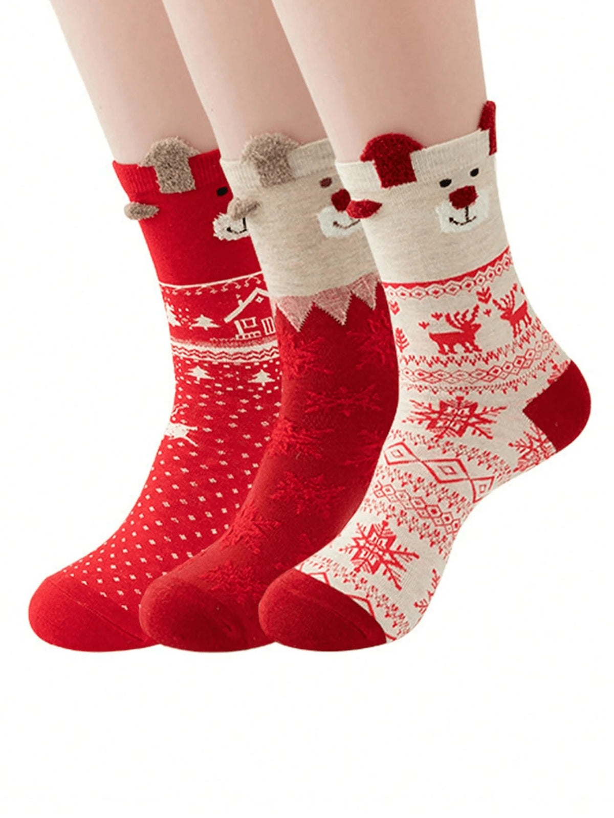 Women's Christmas Socks, 6 Pairs with 3D Reindeer and Fair Isle Patterns, Crew Length, Red/Cream, view 2