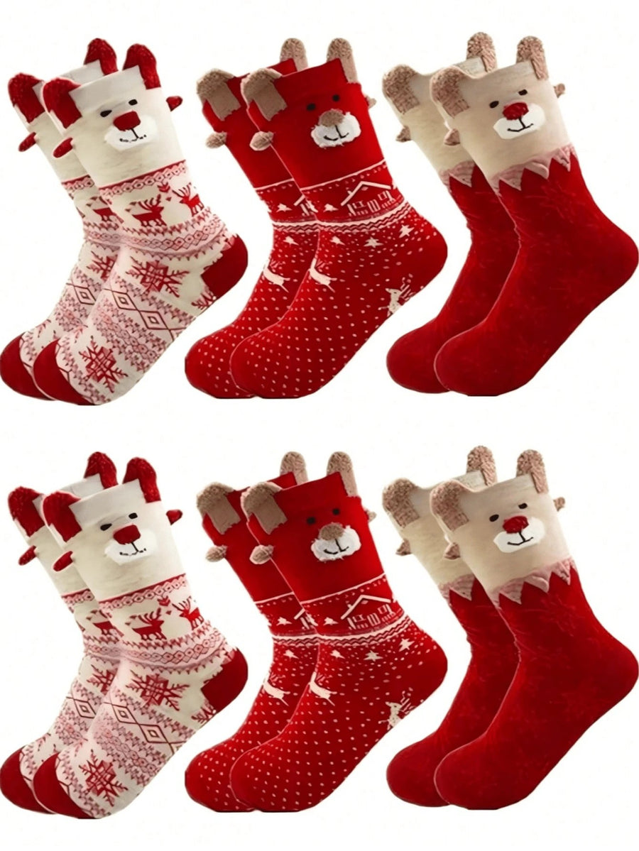 Women's Christmas Socks, 6 Pairs with 3D Reindeer and Fair Isle Patterns, Crew Length, Red/Cream
