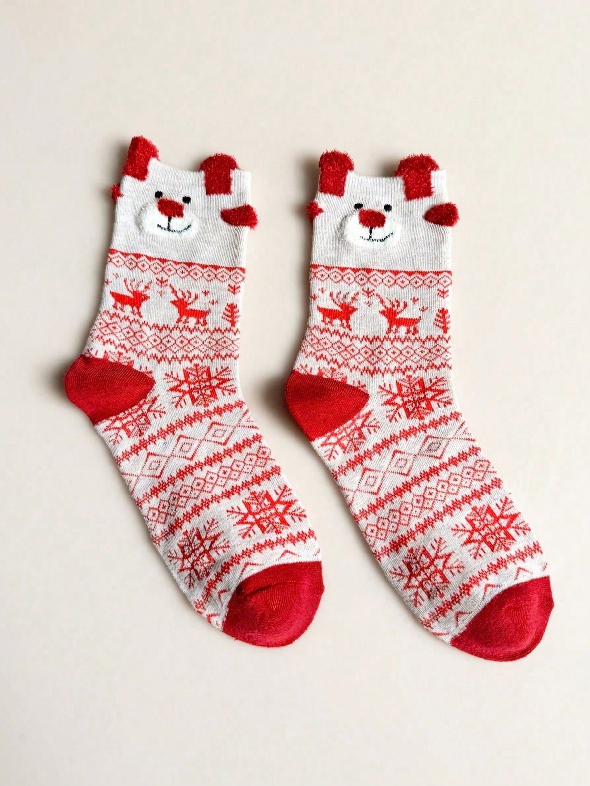Women's Christmas Socks, 6 Pairs with 3D Reindeer and Fair Isle Patterns, Crew Length, Red/Cream, view 7
