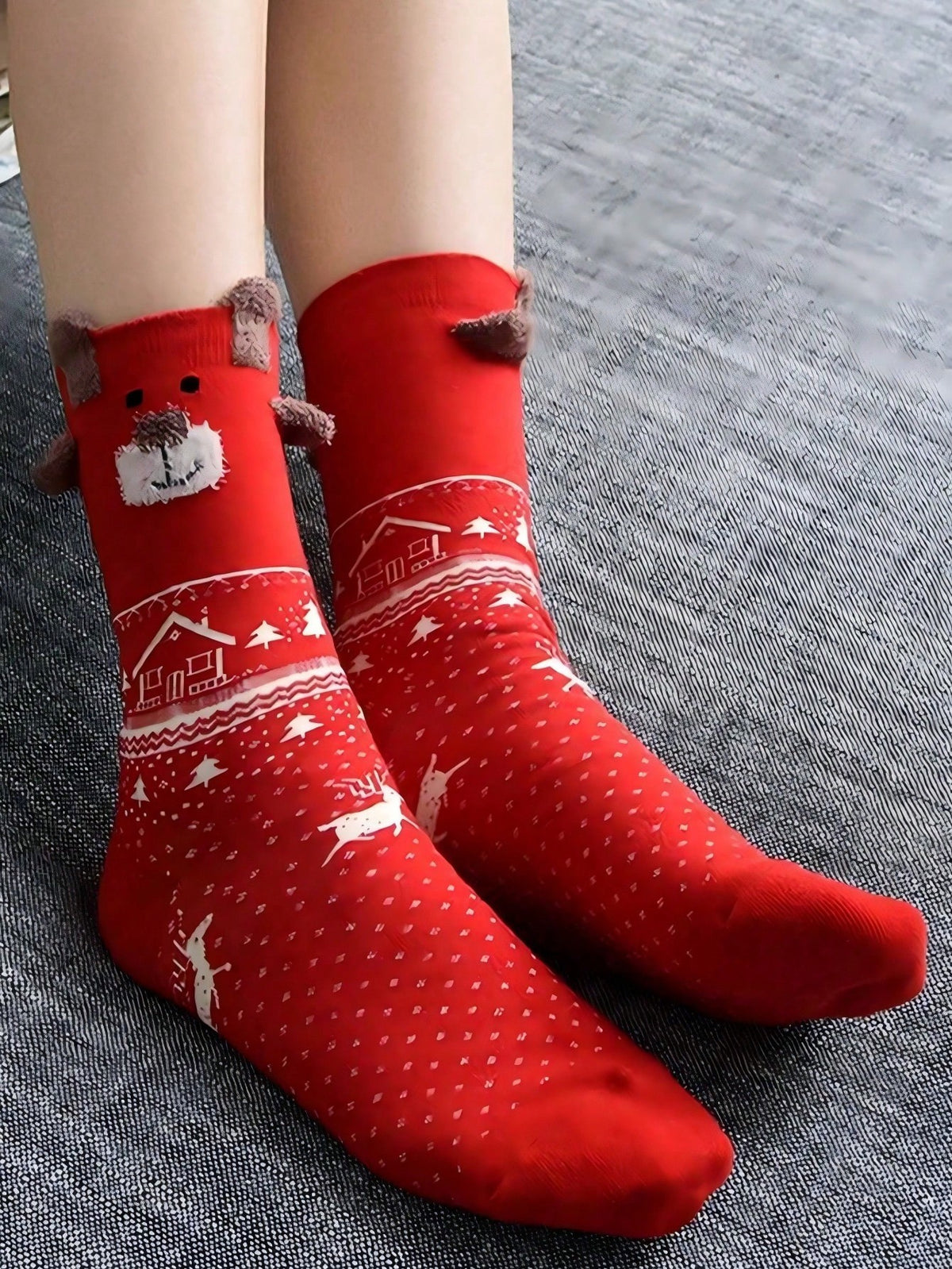 Women's Christmas Socks, 6 Pairs with 3D Reindeer and Fair Isle Patterns, Crew Length, Red/Cream, view 6