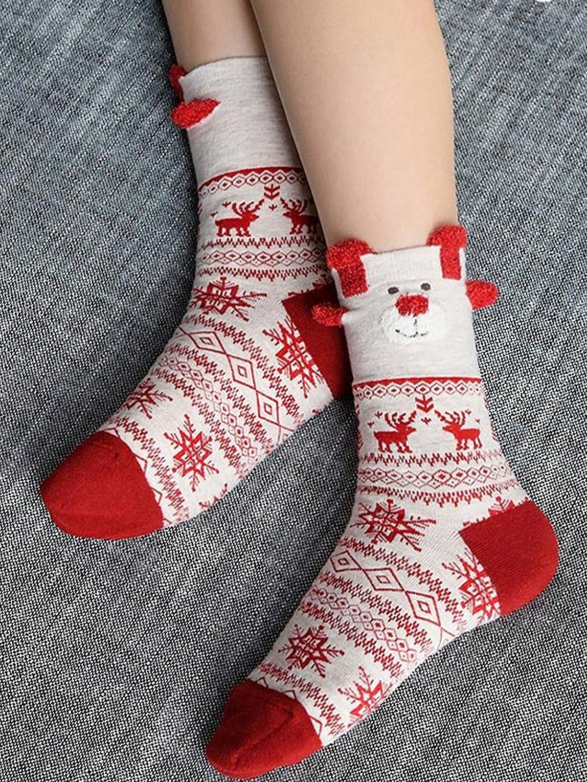 Women's Christmas Socks, 6 Pairs with 3D Reindeer and Fair Isle Patterns, Crew Length, Red/Cream, view 5