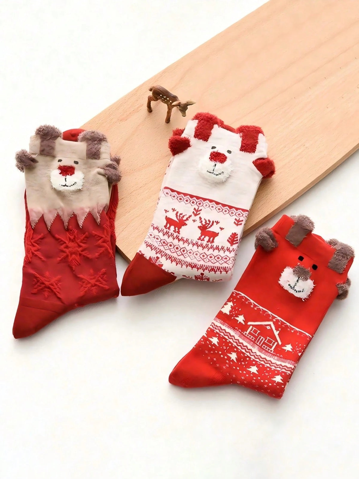 Women's Christmas Socks, 6 Pairs with 3D Reindeer and Fair Isle Patterns, Crew Length, Red/Cream, view 3