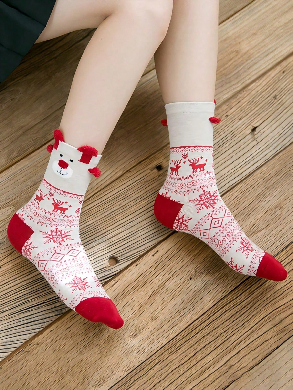 Women's Christmas Socks, 6 Pairs with 3D Reindeer and Fair Isle Patterns, Crew Length, Red/Cream, view 4