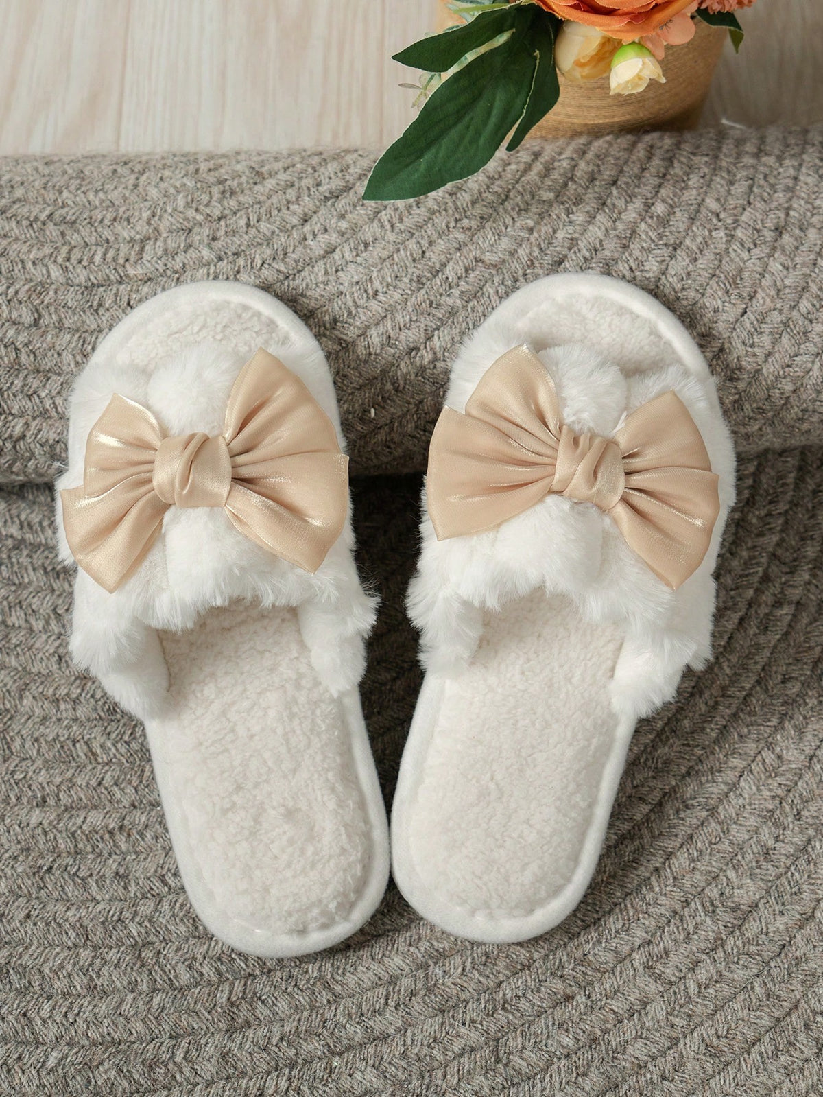 Women's Fuzzy Bow Slides, Open Toe Plush Slippers with Oversized Satin Bow, White/Khaki, view 5