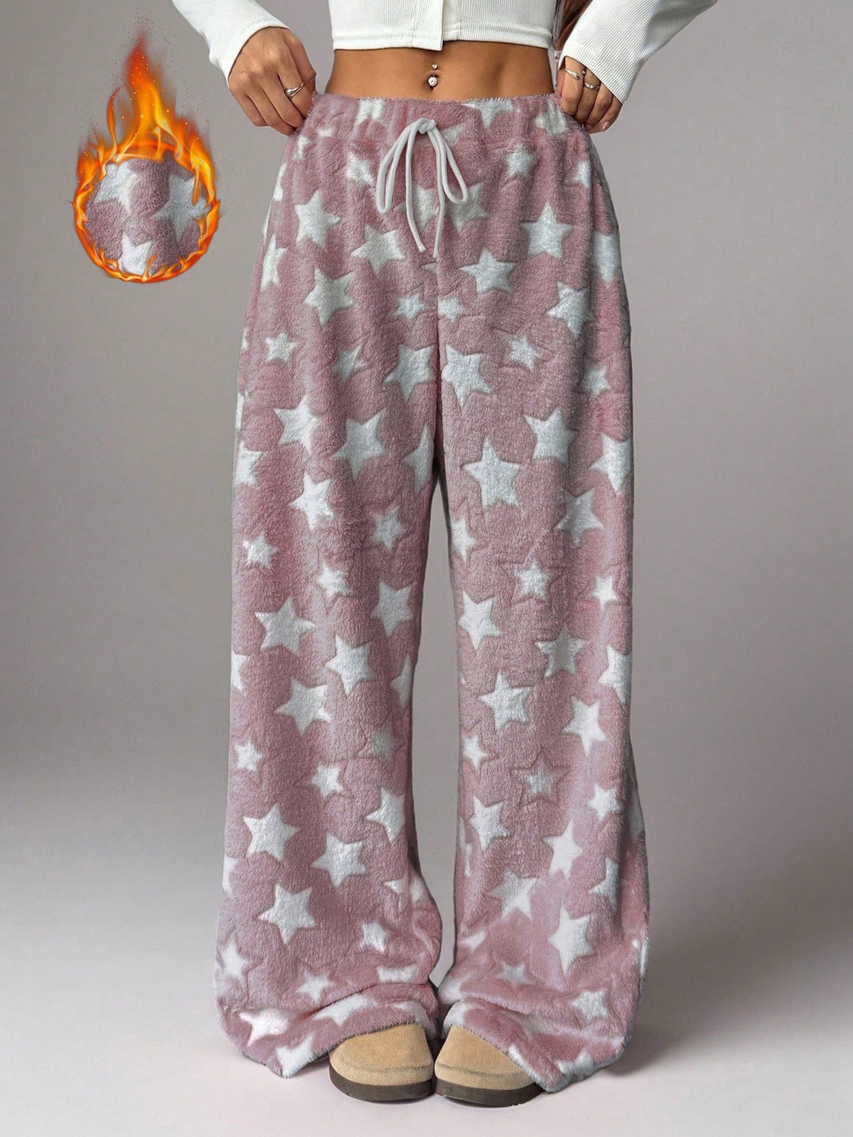 Women's Plush Pajama Pants with Star or Fair Isle Print, Wide Leg with Drawstring Waist, Pink Star, view 7