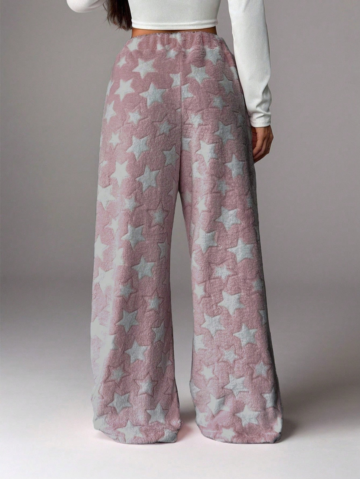 Women's Plush Pajama Pants with Star or Fair Isle Print, Wide Leg with Drawstring Waist, Pink Star