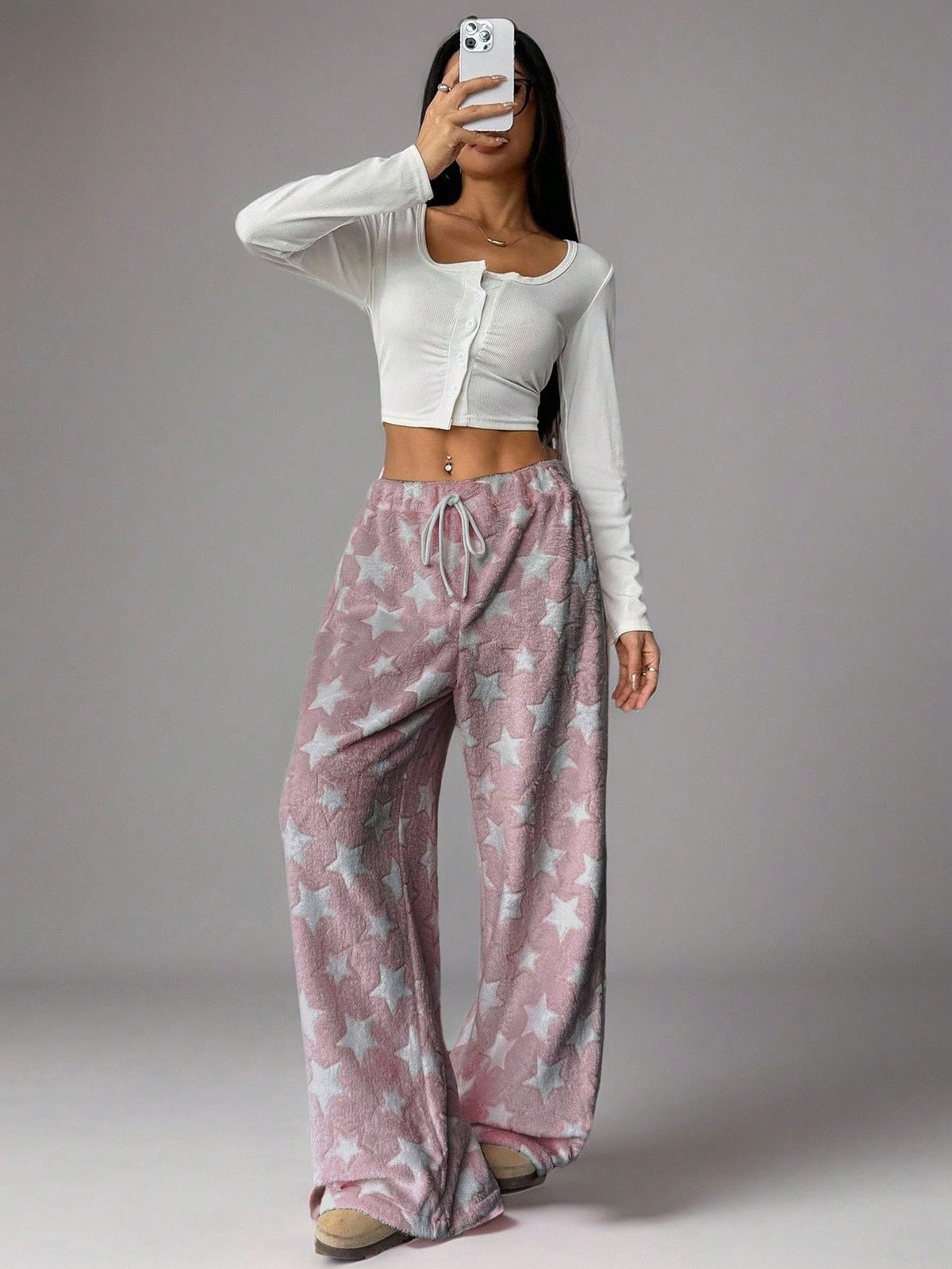 Women's Plush Pajama Pants with Star or Fair Isle Print, Wide Leg with Drawstring Waist, Pink Star, view 2