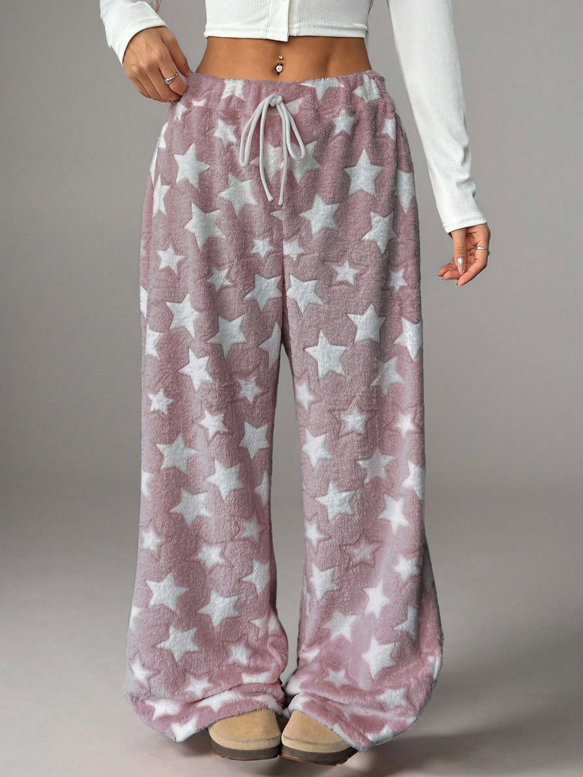 Women's Plush Pajama Pants with Star or Fair Isle Print, Wide Leg with Drawstring Waist, Pink Star, view 3