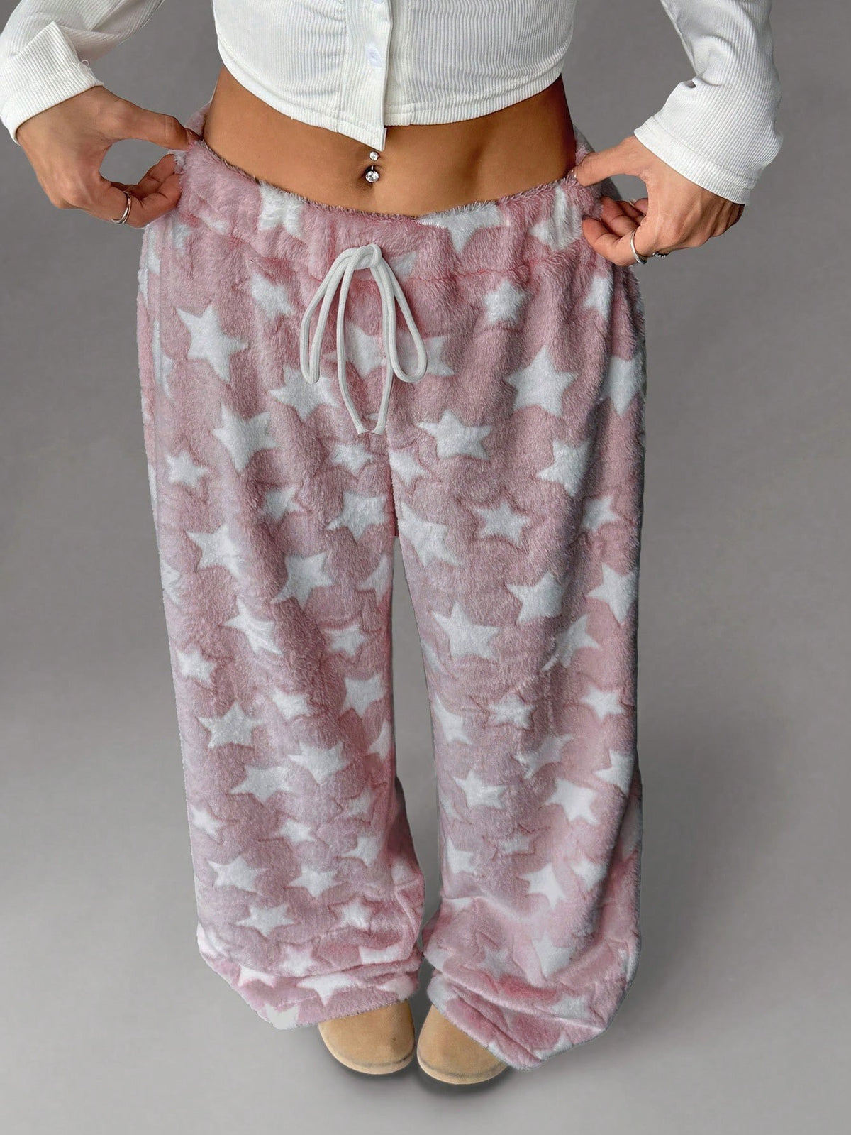 Women's Plush Pajama Pants with Star or Fair Isle Print, Wide Leg with Drawstring Waist, Pink Star, view 5