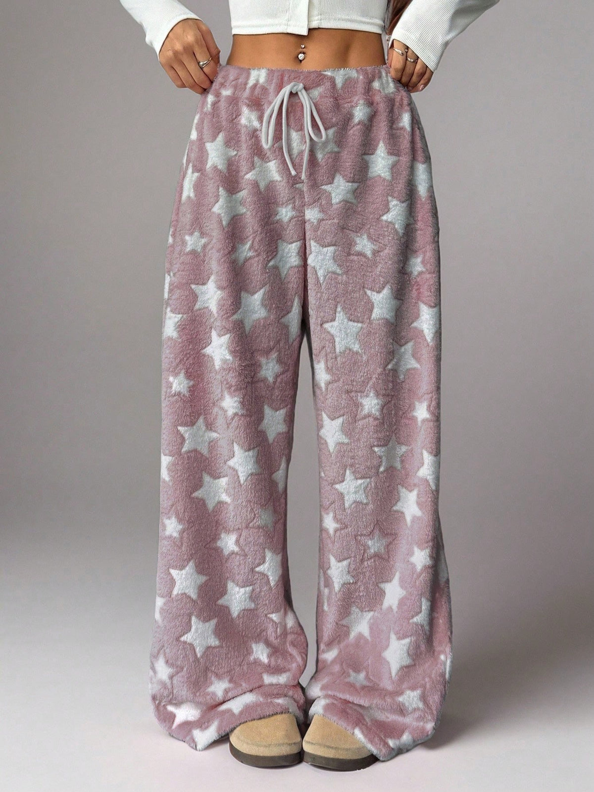Women's Plush Pajama Pants with Star or Fair Isle Print, Wide Leg with Drawstring Waist, Pink Star, view 6