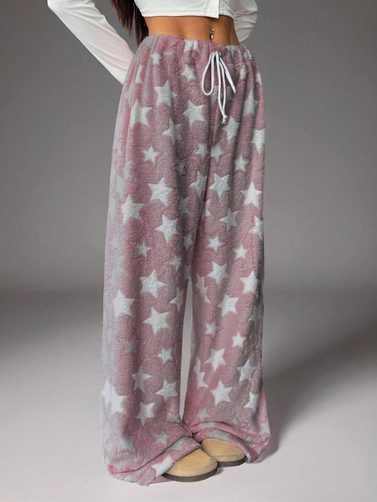 Women's Plush Pajama Pants with Star or Fair Isle Print, Wide Leg with Drawstring Waist, Pink Star, view 4