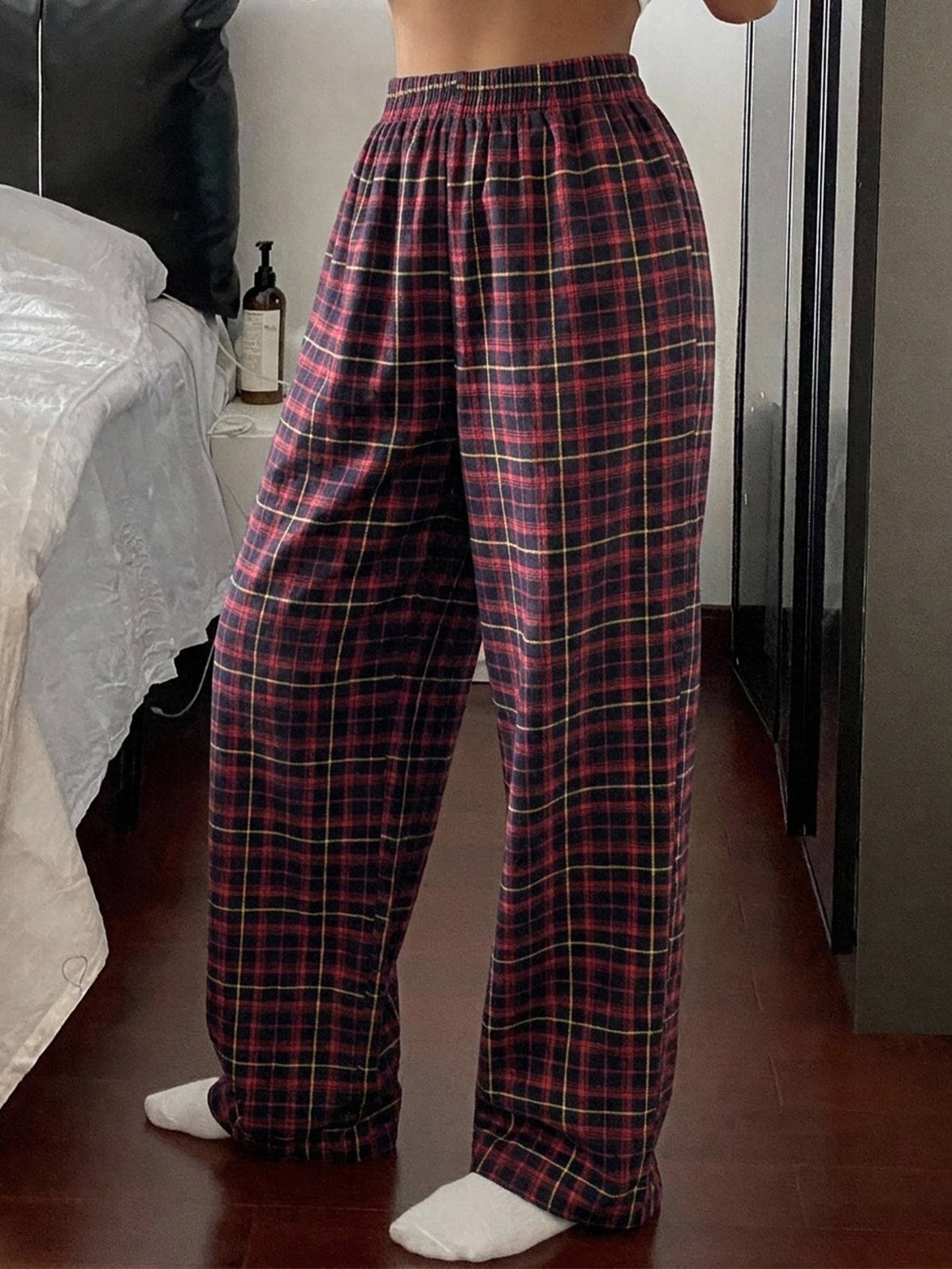 Women's Plaid Pajama Pants, Cotton Blend Straight Leg Lounge Pants with Elastic Waist, Red, view 4