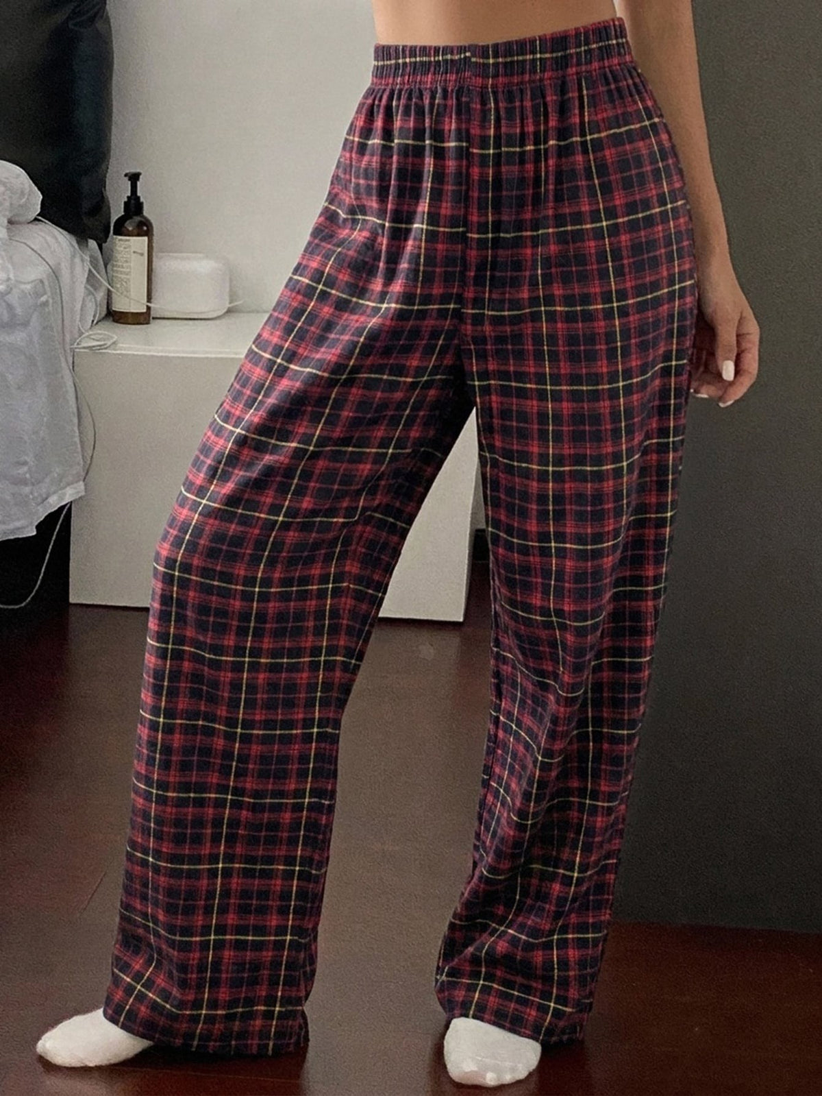 Women's Plaid Pajama Pants, Cotton Blend Straight Leg Lounge Pants with Elastic Waist, Red, view 5