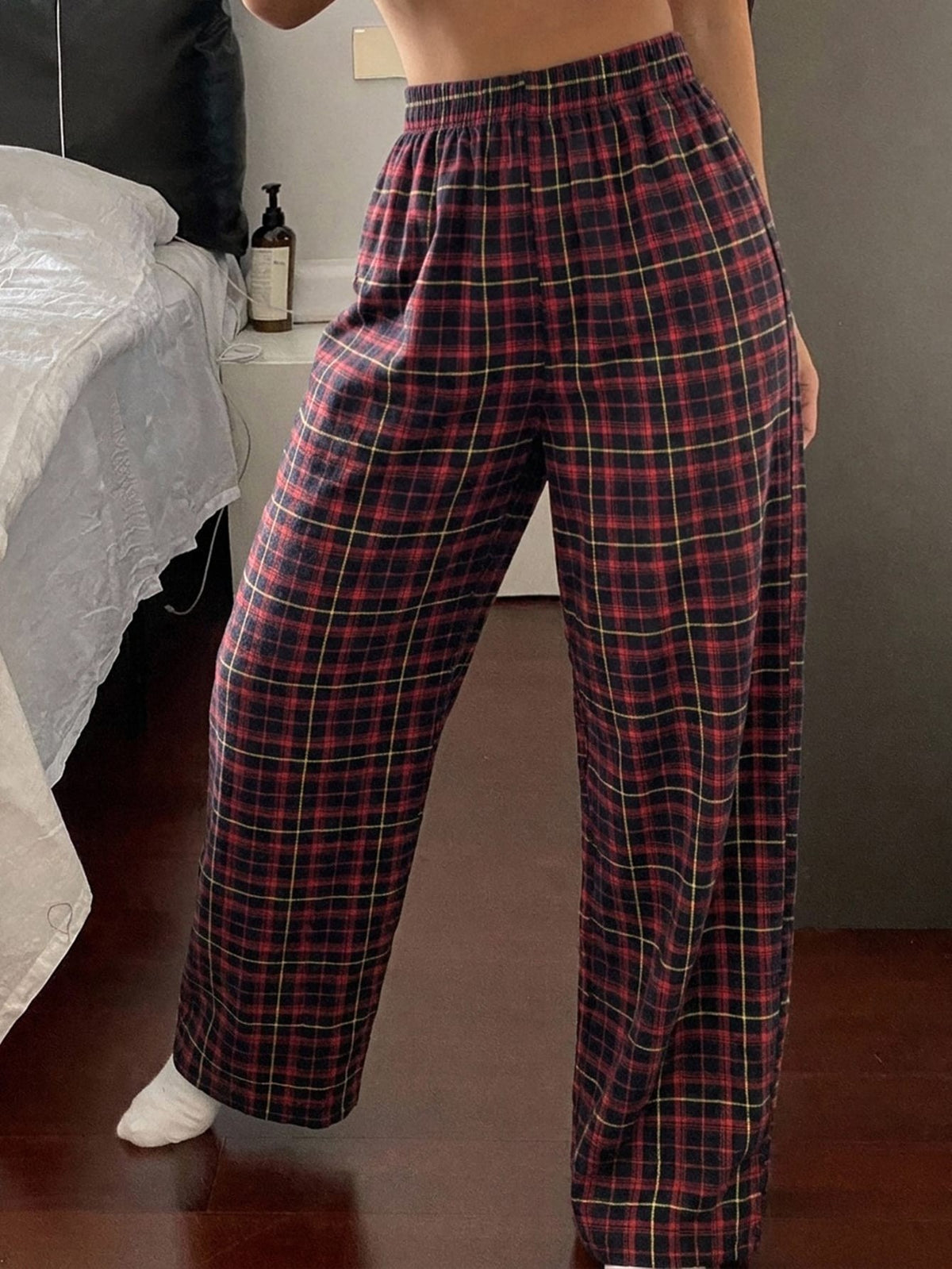 Women's Plaid Pajama Pants, Cotton Blend Straight Leg Lounge Pants with Elastic Waist, Red, view 2