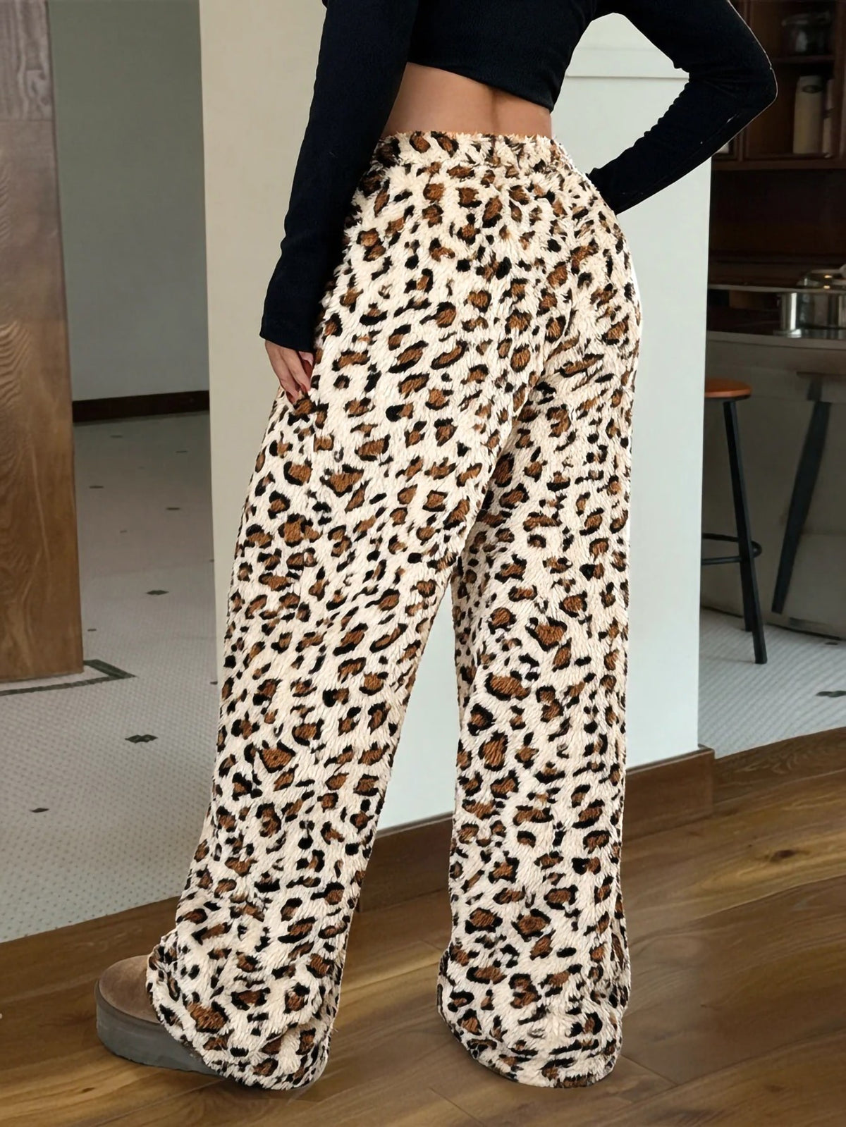 Women's Fuzzy Plush Pajama Pants, Wide Leg Lounge Pants with Drawstring Waist, Cream Leopard, view 2