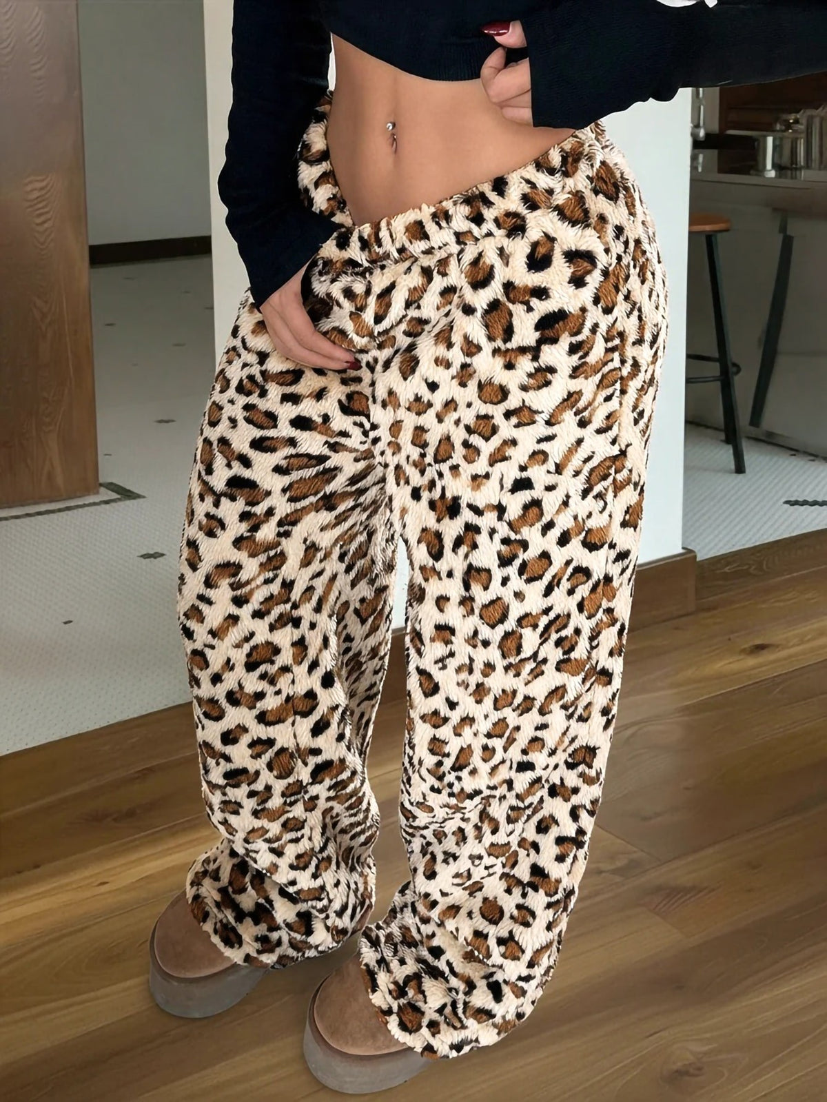 Women's Fuzzy Plush Pajama Pants, Wide Leg Lounge Pants with Drawstring Waist, Cream Leopard