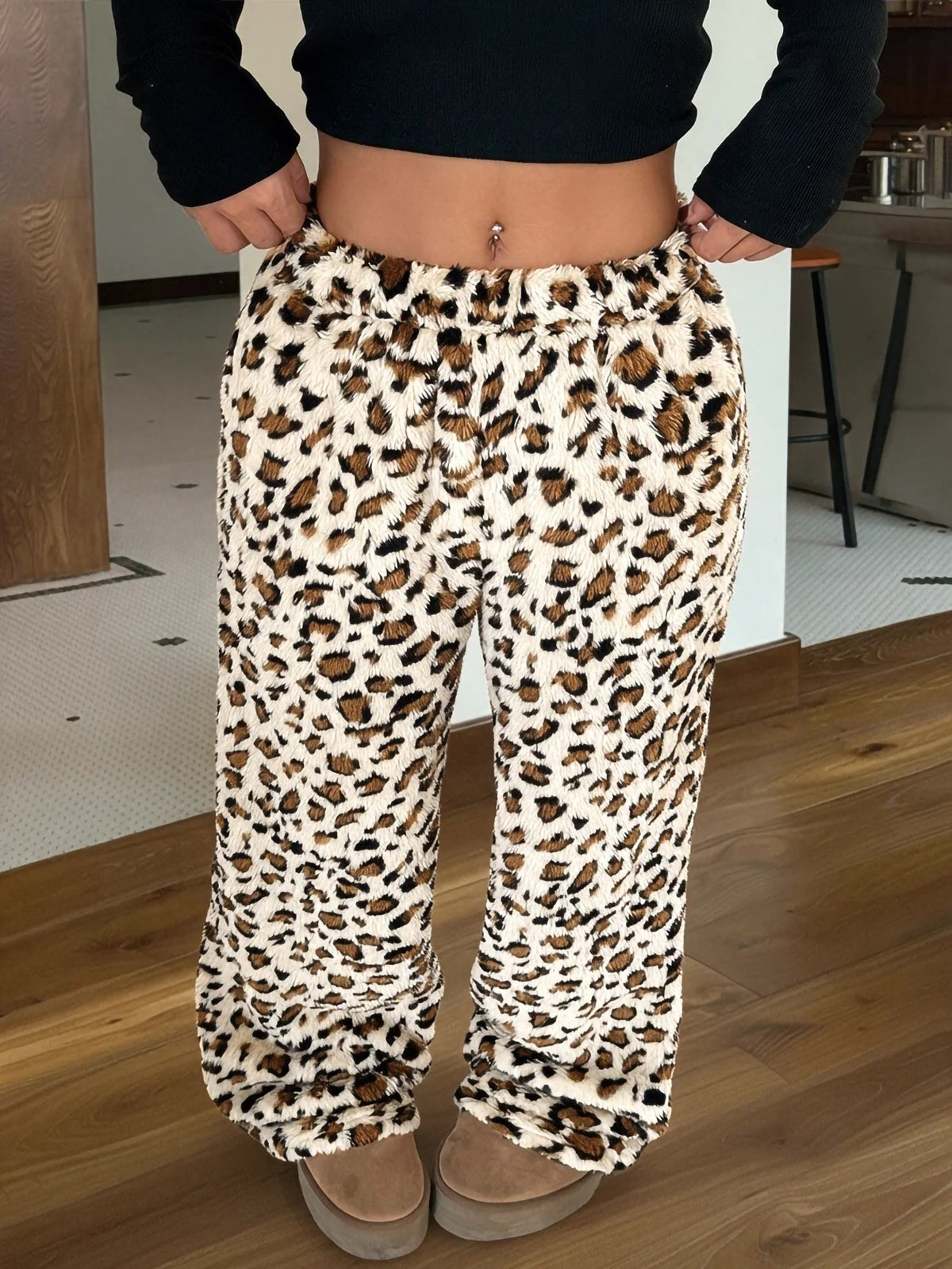 Women's Fuzzy Plush Pajama Pants, Wide Leg Lounge Pants with Drawstring Waist, Cream Leopard, view 6