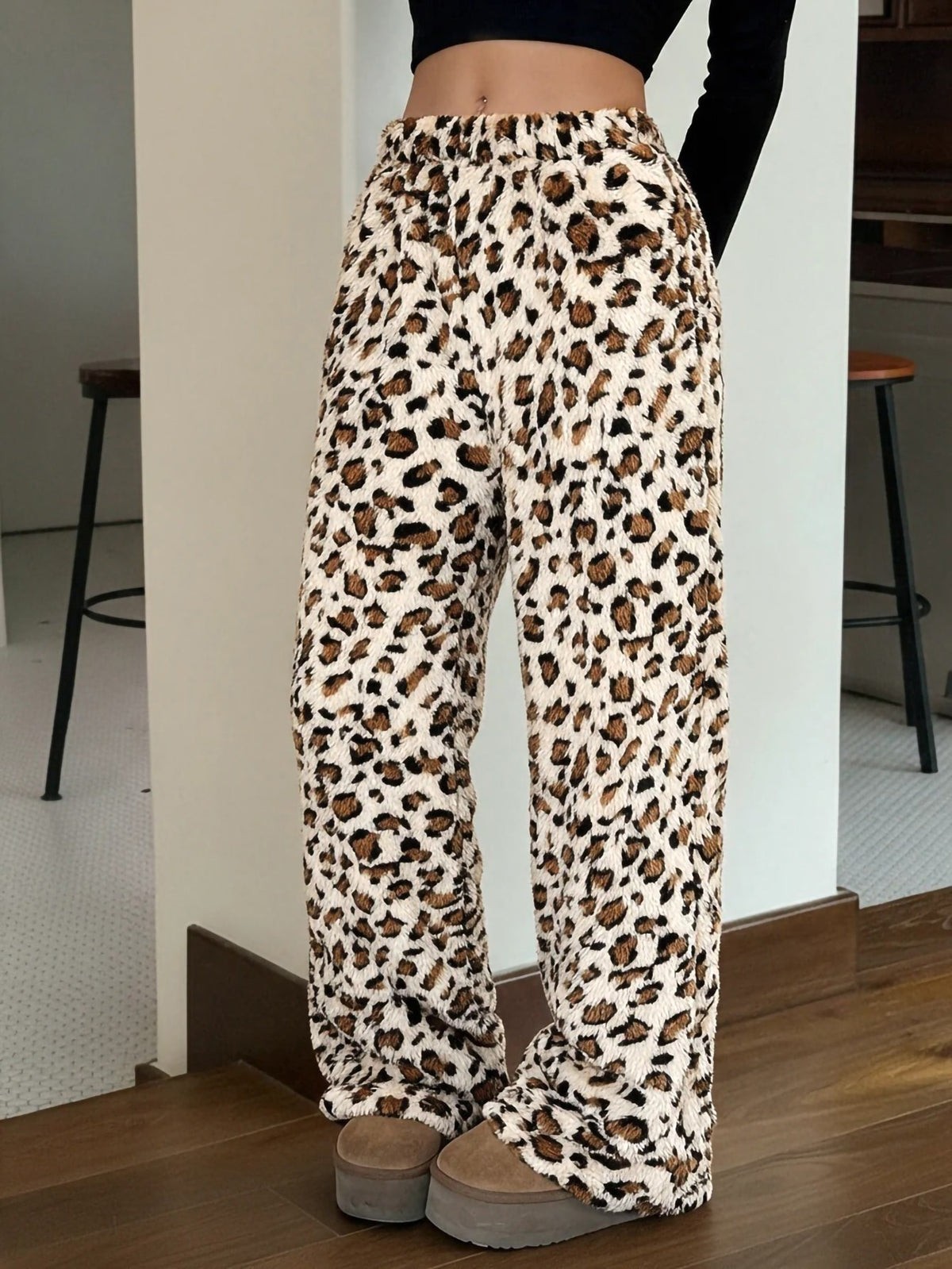 Women's Fuzzy Plush Pajama Pants, Wide Leg Lounge Pants with Drawstring Waist, Cream Leopard, view 3