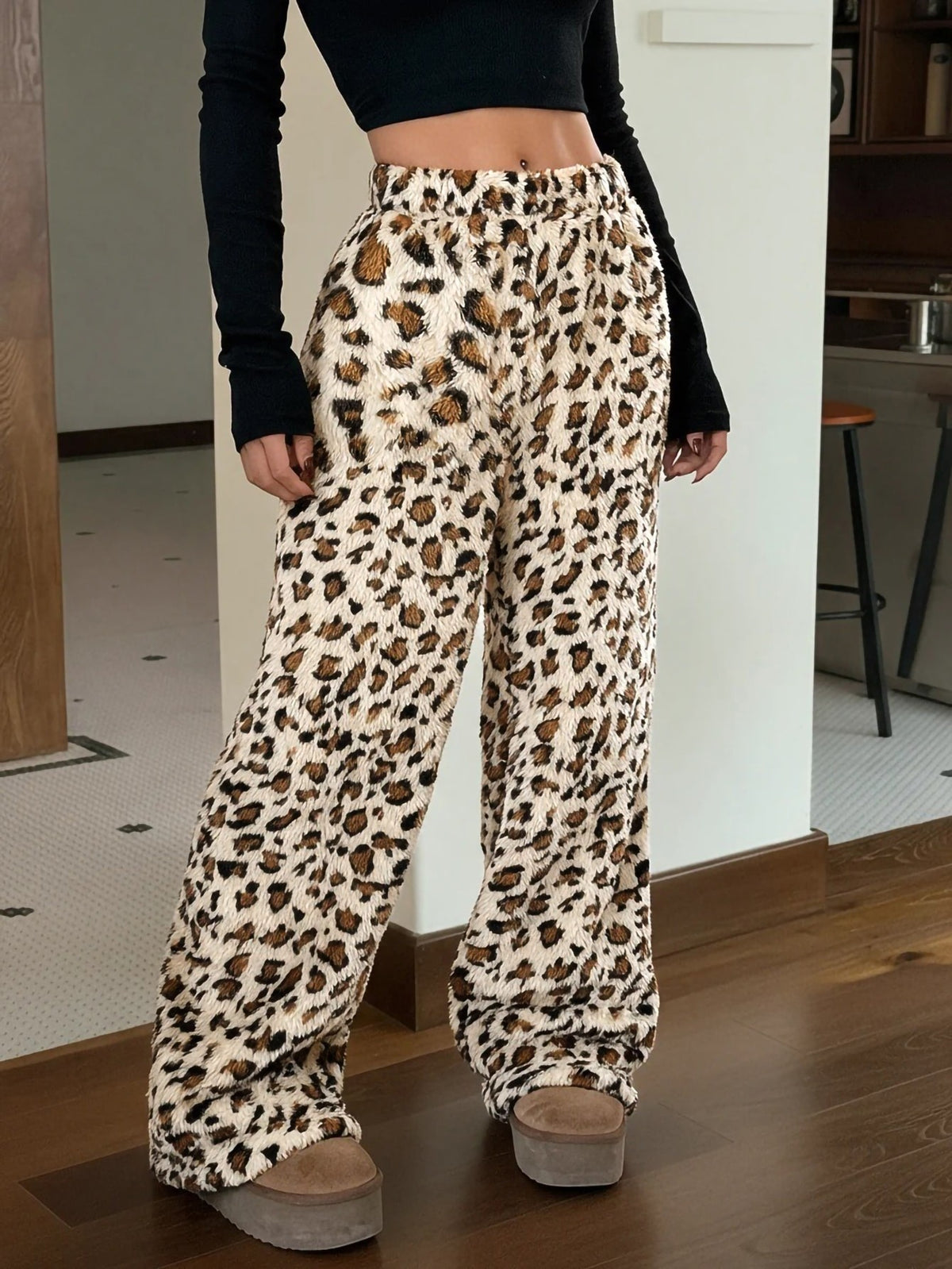 Women's Fuzzy Plush Pajama Pants, Wide Leg Lounge Pants with Drawstring Waist, Cream Leopard, view 5
