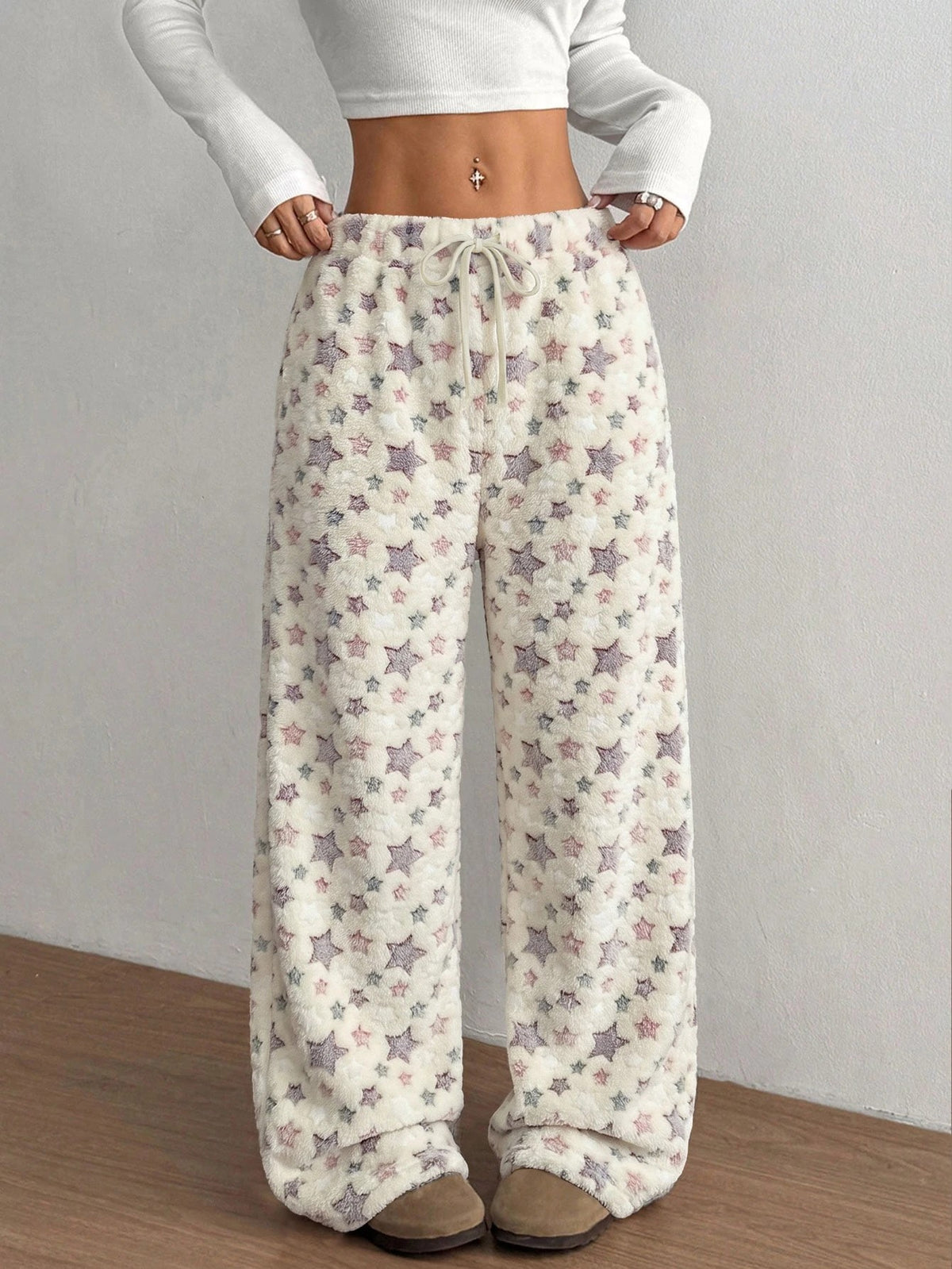 Women's Plush Pajama Pants with Star or Fair Isle Print, Wide Leg with Drawstring Waist, Cream Star, view 3