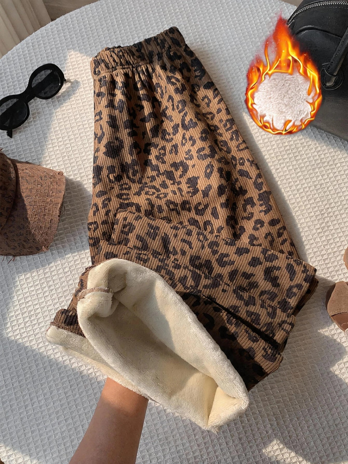Women's Fleece-Lined Leopard Pajama Pants, Thermal Wide Leg Lounge Pants, Brown Leopard, view 7