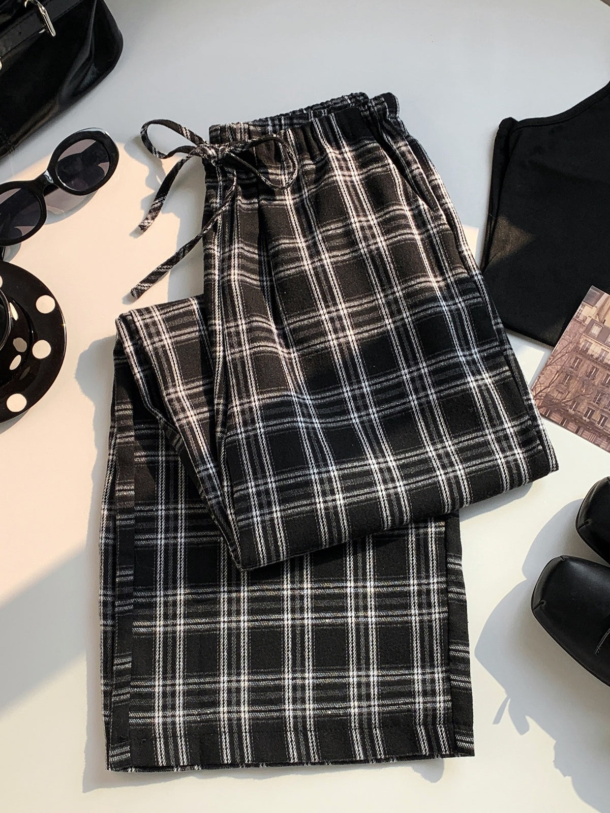 Women's Plaid Pajama Pants with Drawstring, Wide Leg Lounge Pants with Pockets, Black Plaid, view 5