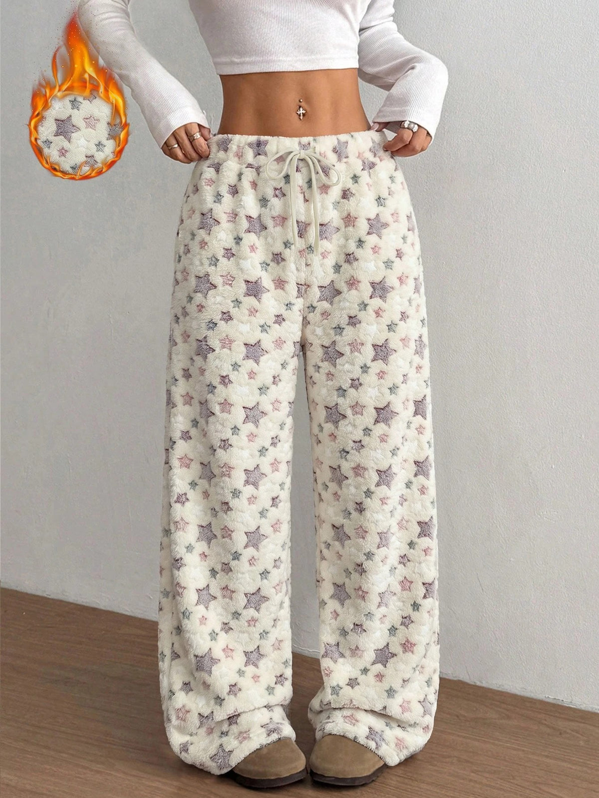 Women's Plush Pajama Pants with Star or Fair Isle Print, Wide Leg with Drawstring Waist, Cream Star, view 6