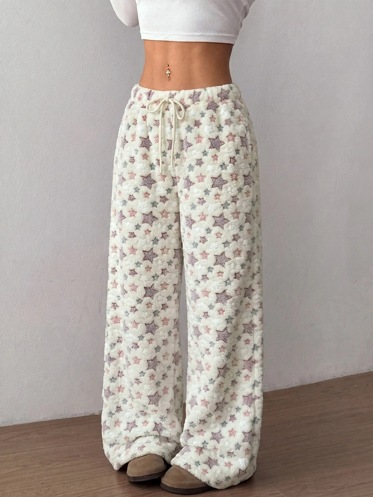Women's Plush Pajama Pants with Star or Fair Isle Print, Wide Leg with Drawstring Waist, Cream Star, view 2