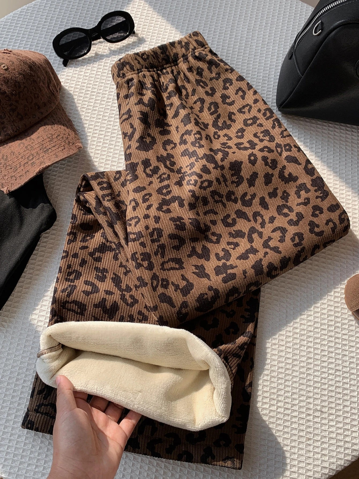 Women's Fleece-Lined Leopard Pajama Pants, Thermal Wide Leg Lounge Pants, Brown Leopard, view 4