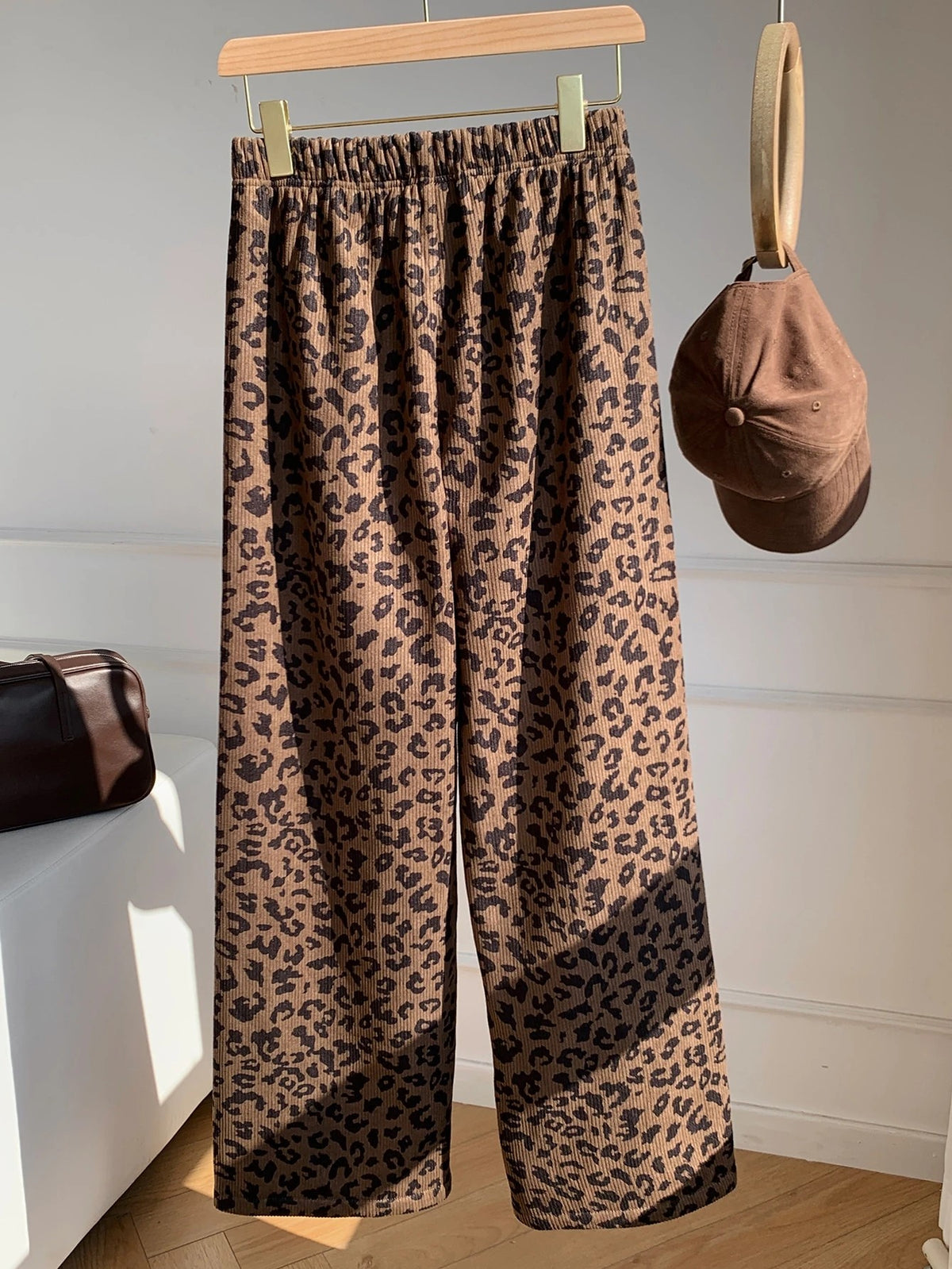 Women's Fleece-Lined Leopard Pajama Pants, Thermal Wide Leg Lounge Pants, Brown Leopard