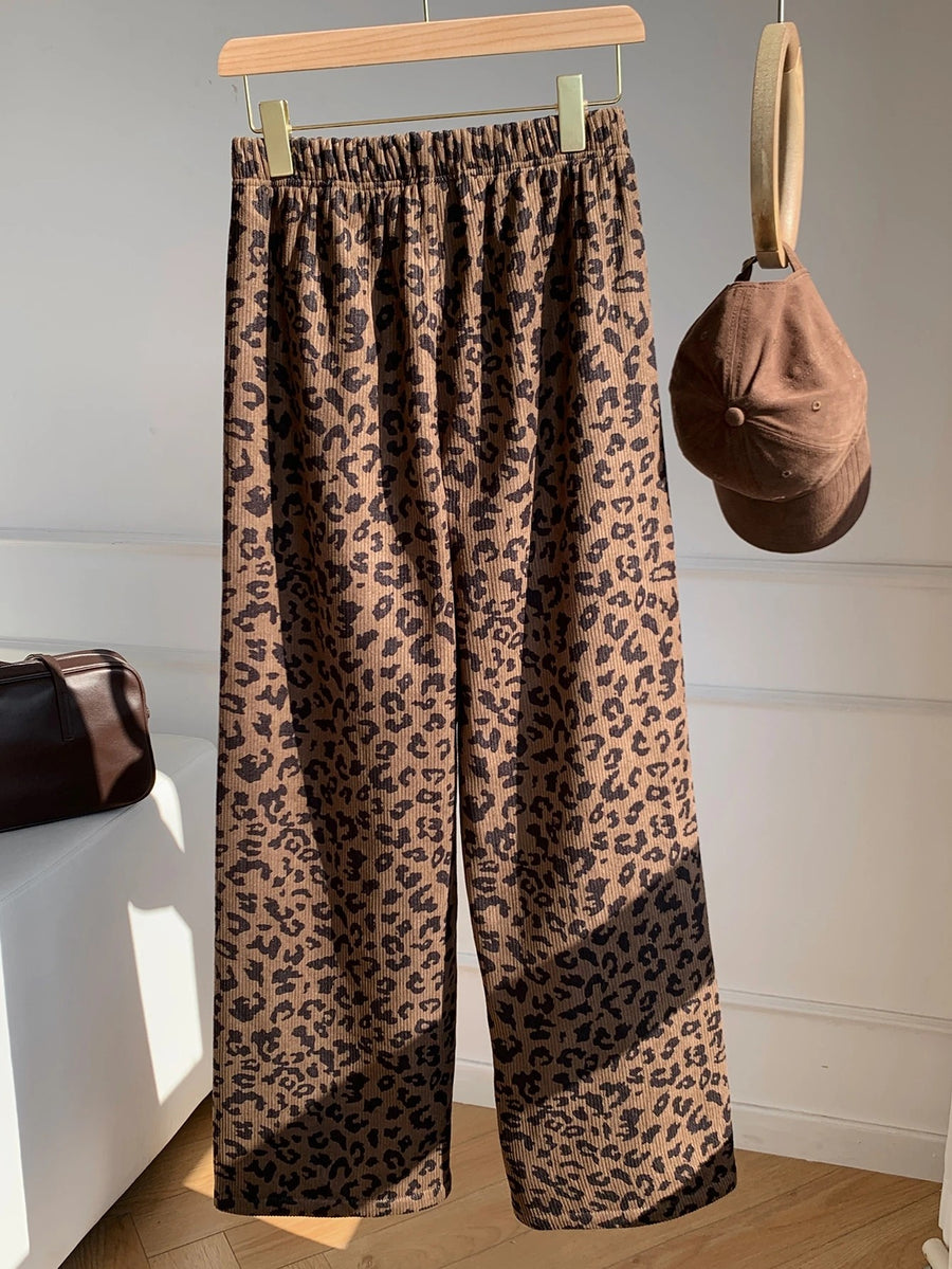 Women's Fleece-Lined Leopard Pajama Pants, Thermal Wide Leg Lounge Pants, Brown Leopard