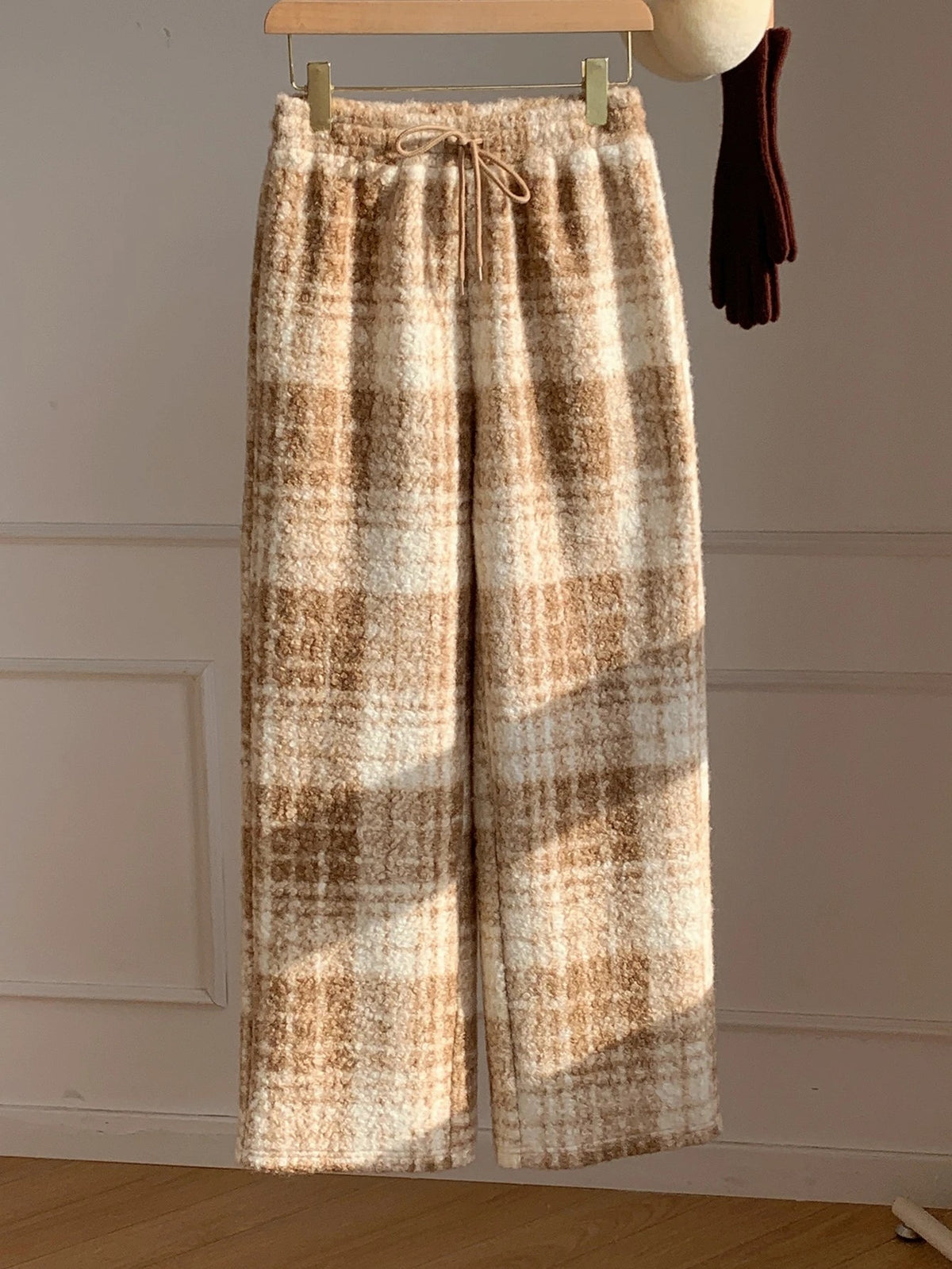 Women's Fuzzy Plush Pajama Pants, Wide Leg Lounge Pants with Drawstring Waist, Brown Plaid, view 3