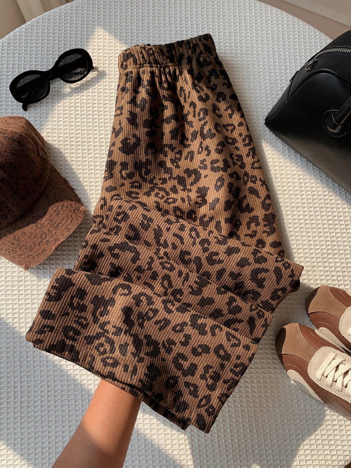 Women's Fleece-Lined Leopard Pajama Pants, Thermal Wide Leg Lounge Pants, Brown Leopard, view 2