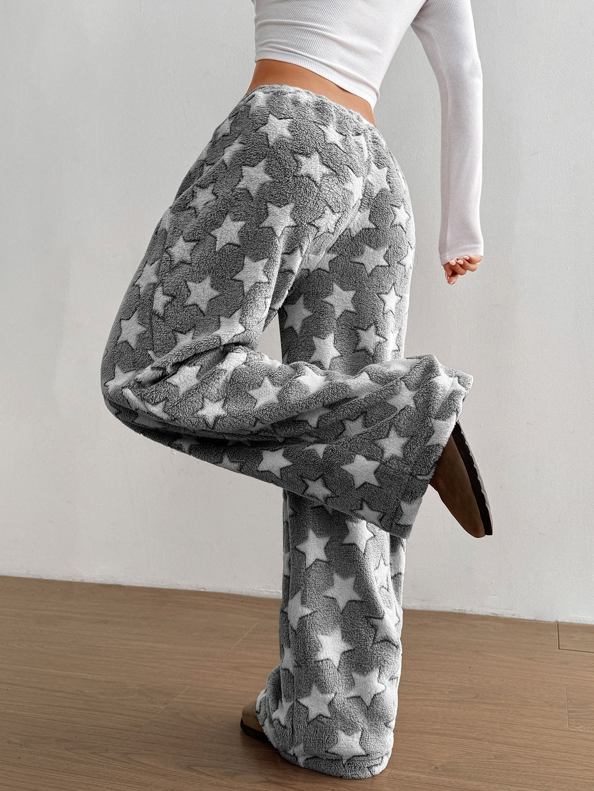 Women's Plush Pajama Pants with Star or Fair Isle Print, Wide Leg with Drawstring Waist, Gray Star