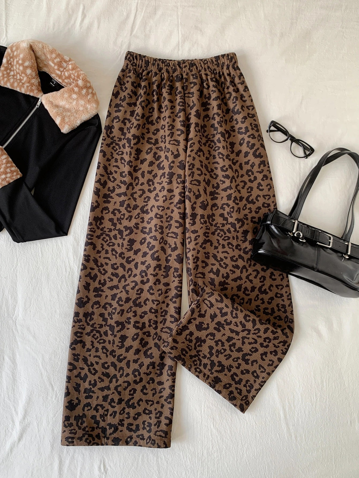Women's Fleece-Lined Leopard Pajama Pants, Thermal Wide Leg Lounge Pants, Brown Leopard, view 6