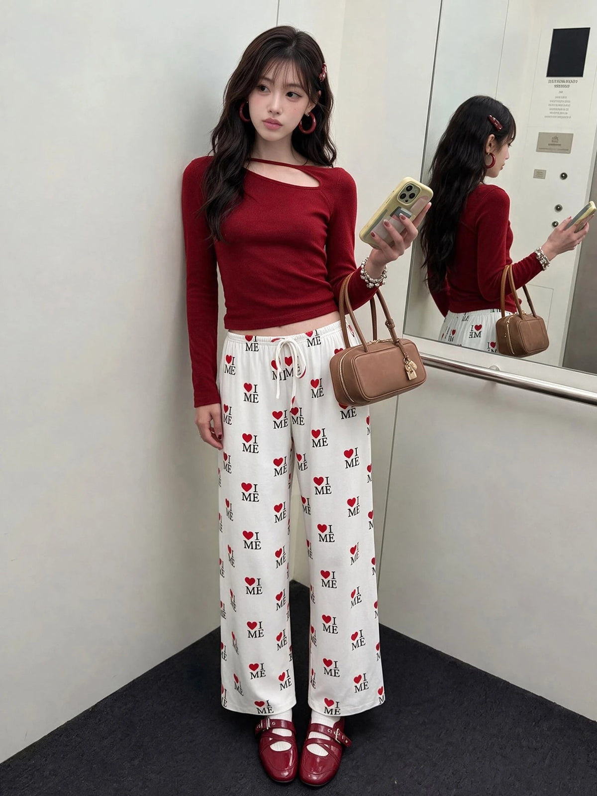 Women's Heart and Bear Print Pajama Pants, White Straight Leg Lounge Pants with Drawstring, White, view 5