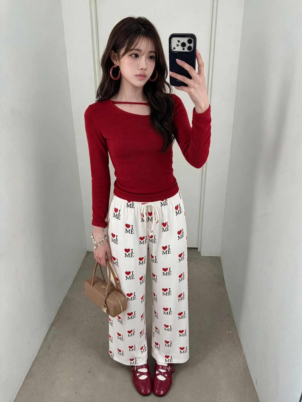 Women's Heart and Bear Print Pajama Pants, White Straight Leg Lounge Pants with Drawstring, White, view 4