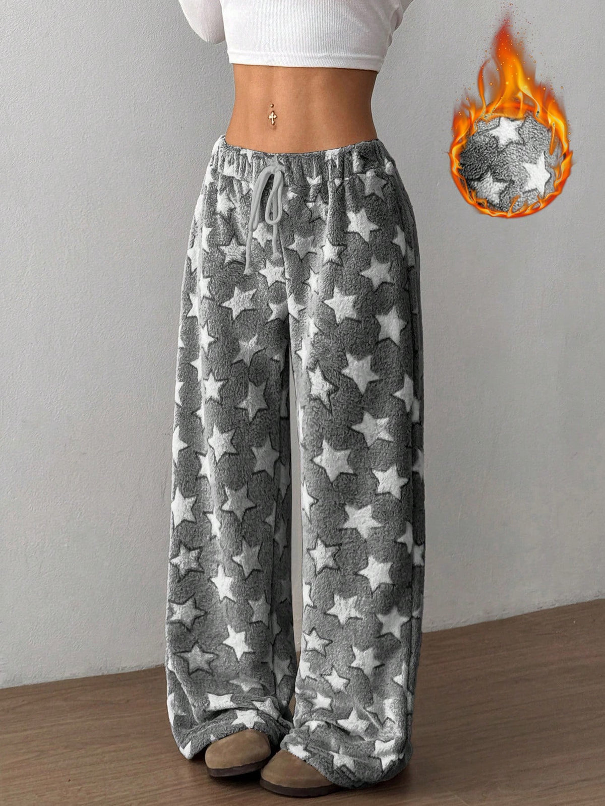 Women's Plush Pajama Pants with Star or Fair Isle Print, Wide Leg with Drawstring Waist, Gray Star, view 6