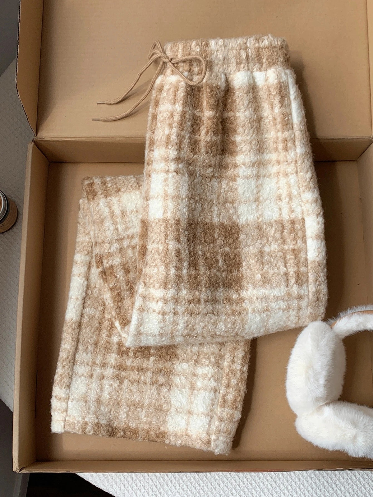 Women's Fuzzy Plush Pajama Pants, Wide Leg Lounge Pants with Drawstring Waist, Brown Plaid, view 2