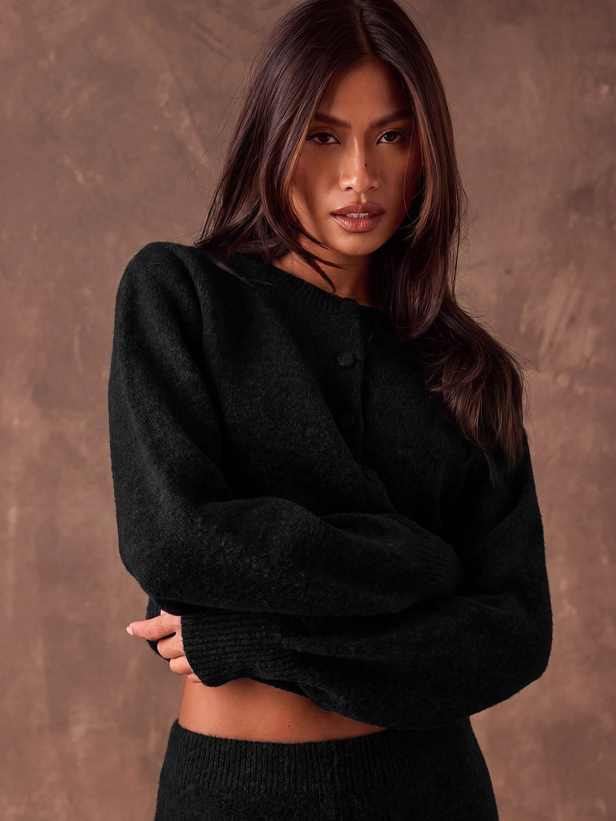 Women's Sweater Knit Lounge Set, Crew Neck Button Cardigan and Wide Leg Knit Pants, Black, view 4