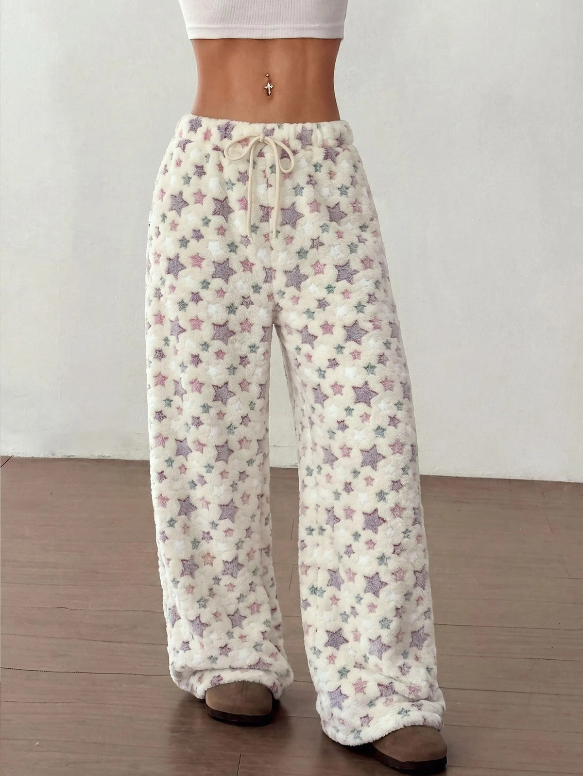 Women's Plush Pajama Pants with Star or Fair Isle Print, Wide Leg with Drawstring Waist, Cream Star, view 5
