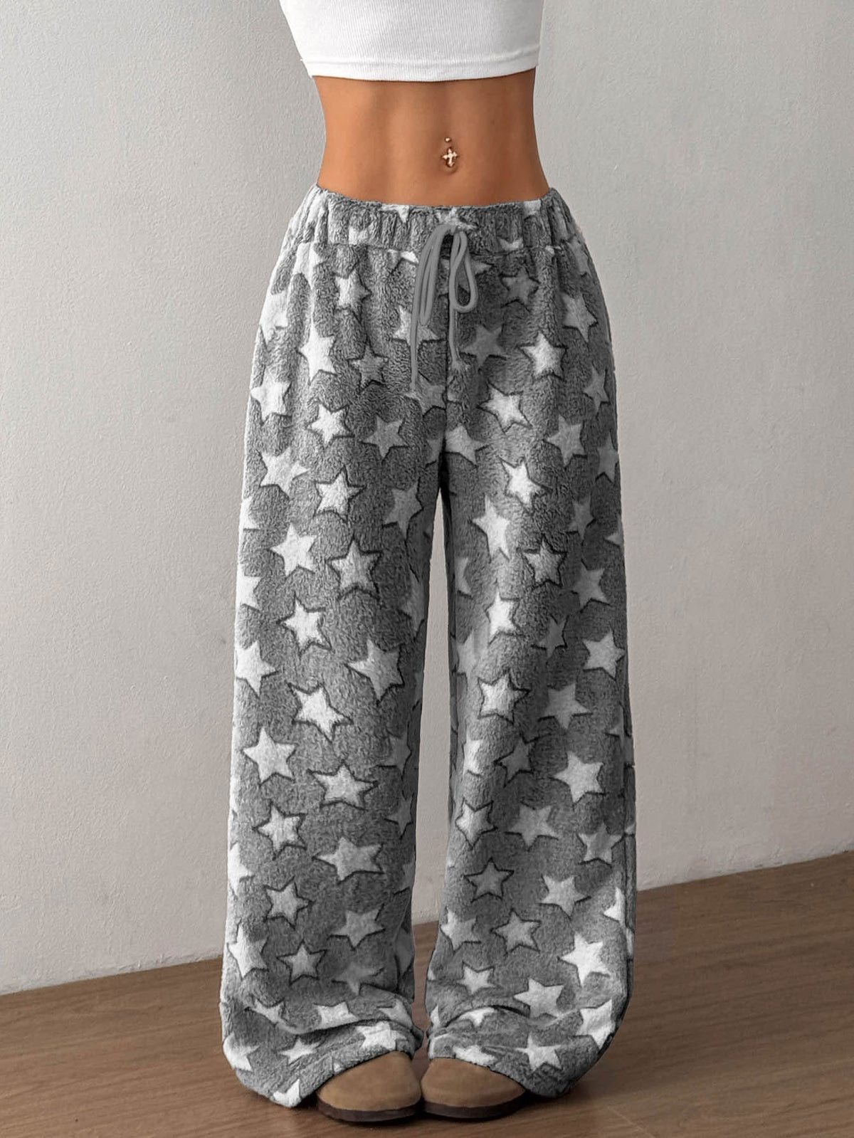 Women's Plush Pajama Pants with Star or Fair Isle Print, Wide Leg with Drawstring Waist, Gray Star, view 4