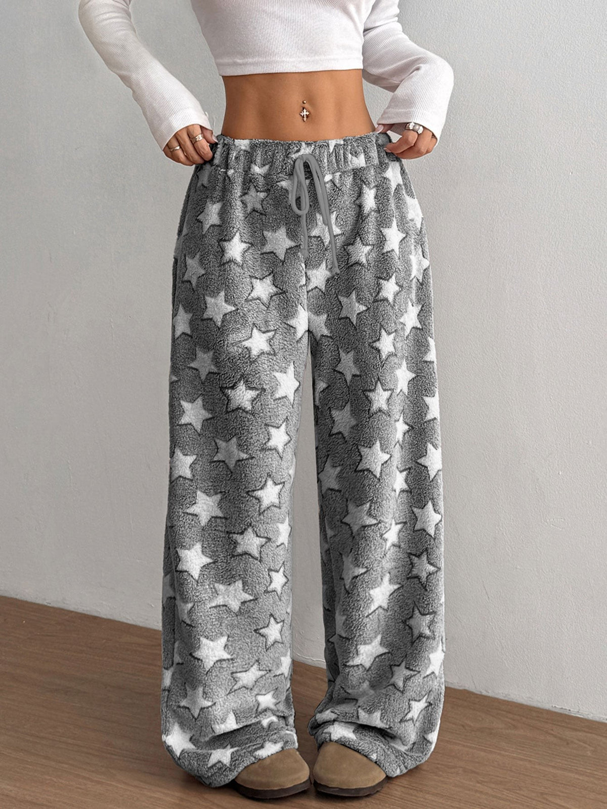 Women's Plush Pajama Pants with Star or Fair Isle Print, Wide Leg with Drawstring Waist, Gray Star, view 3
