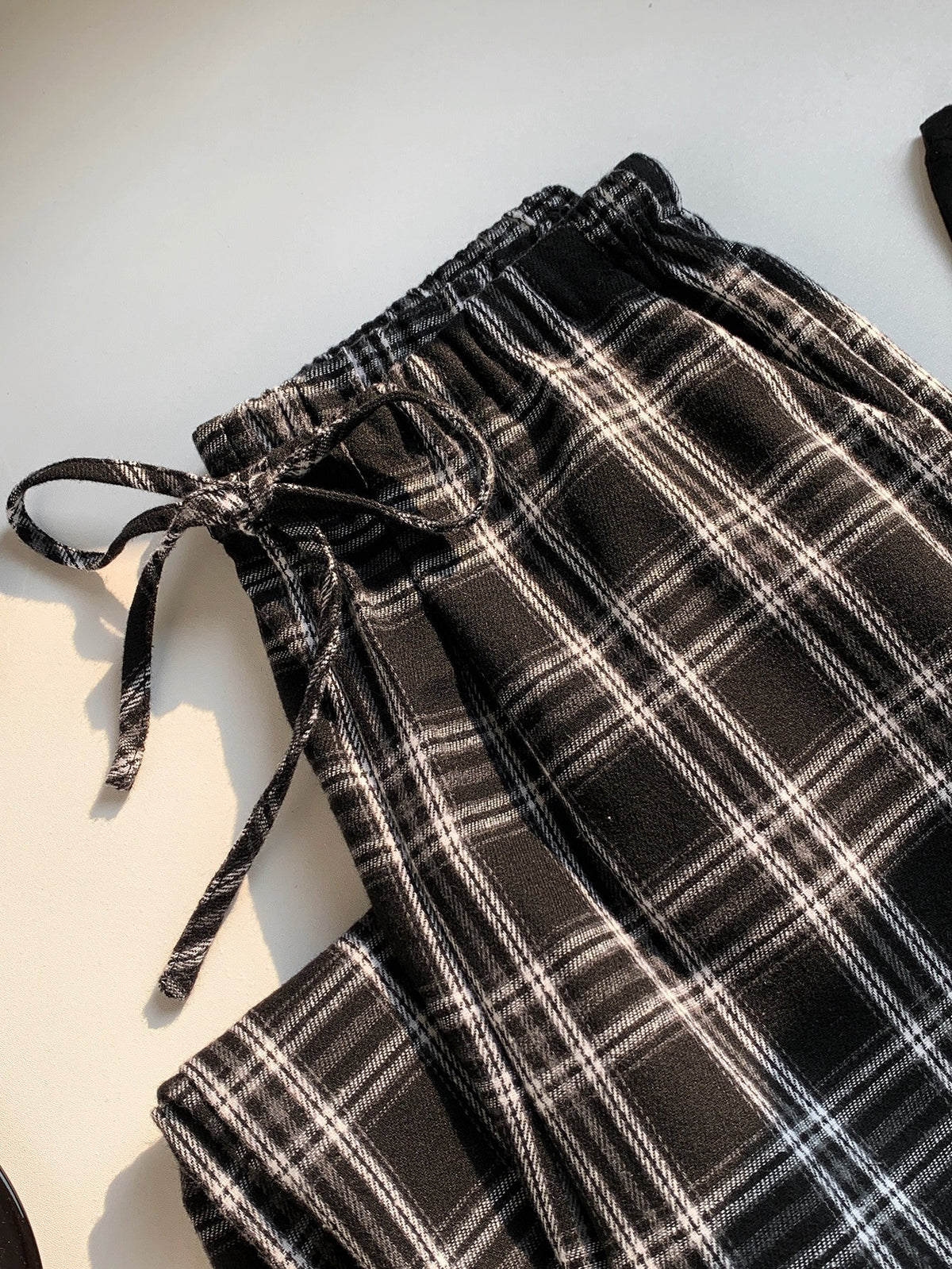 Women's Plaid Pajama Pants with Drawstring, Wide Leg Lounge Pants with Pockets, Black Plaid, view 3