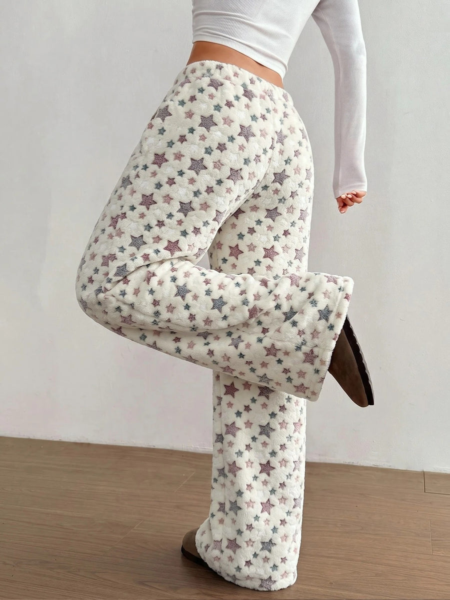 Women's Plush Pajama Pants with Star or Fair Isle Print, Wide Leg with Drawstring Waist, Cream Star