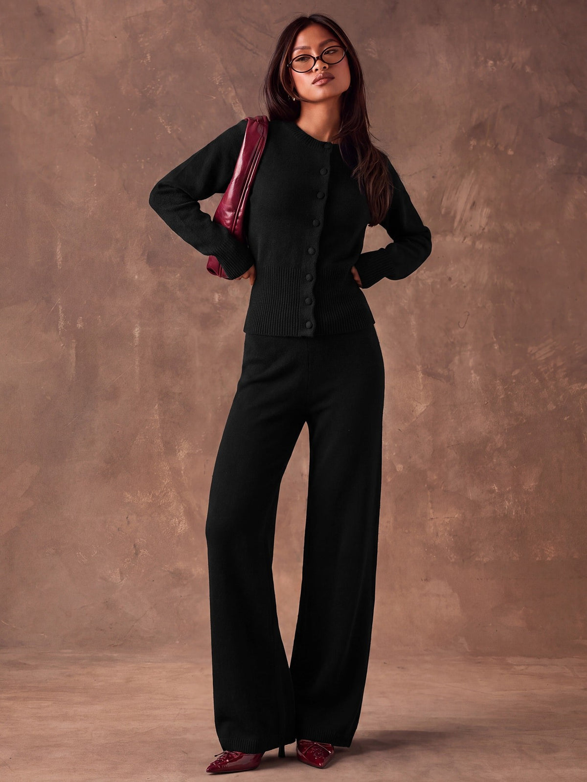 Women's Sweater Knit Lounge Set, Crew Neck Button Cardigan and Wide Leg Knit Pants, Black, view 6